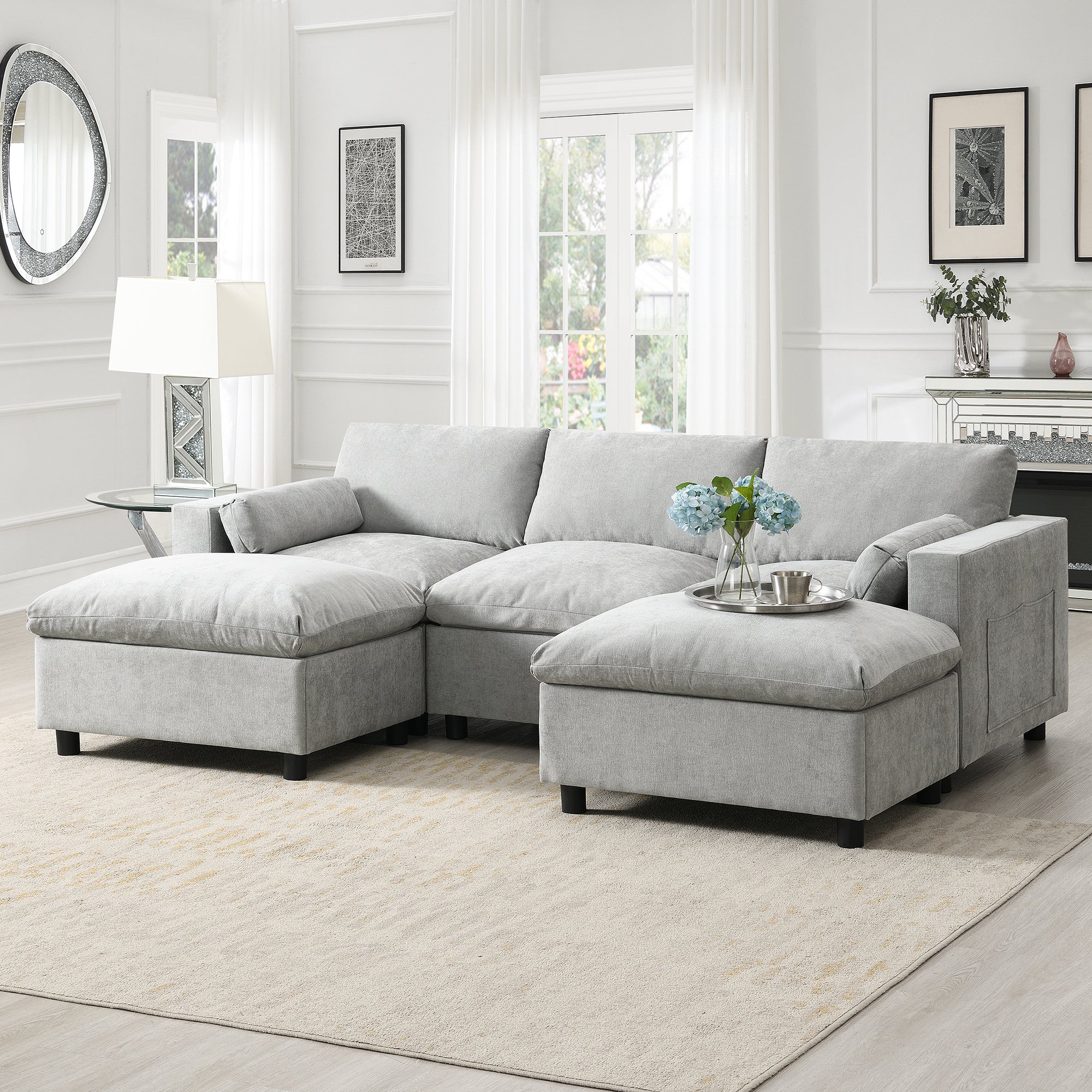 Modern Cloud Modular Sectional Sofa with Storage, Pillows and 2 Movable Ottomans