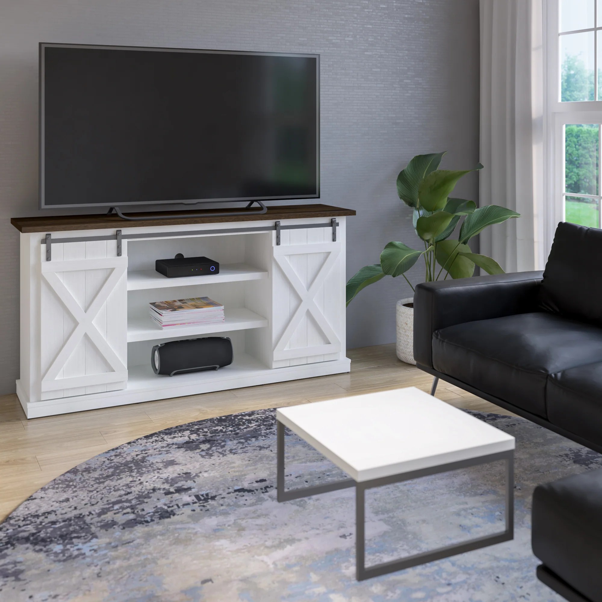 Modern Farmhouse TV Stand with Sliding Barn Doors for TVs up to 70" - Image 2