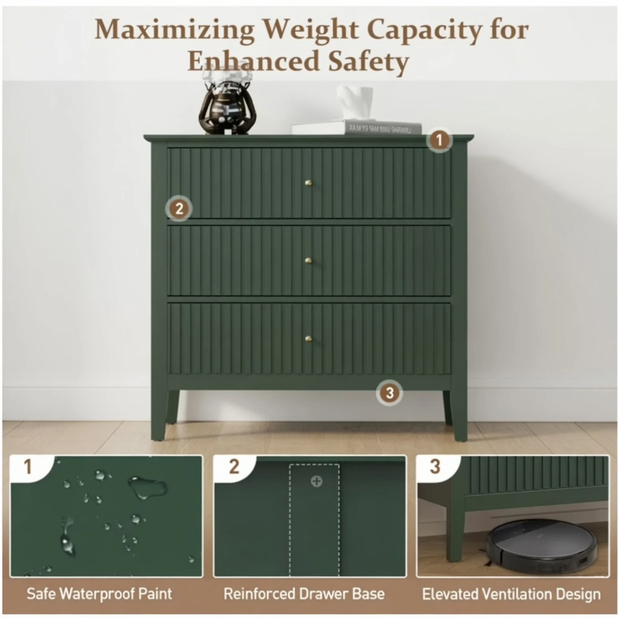 Modern Fluted 3-Drawer 32" Wide Nightstand & Side Table for Storage - Image 12