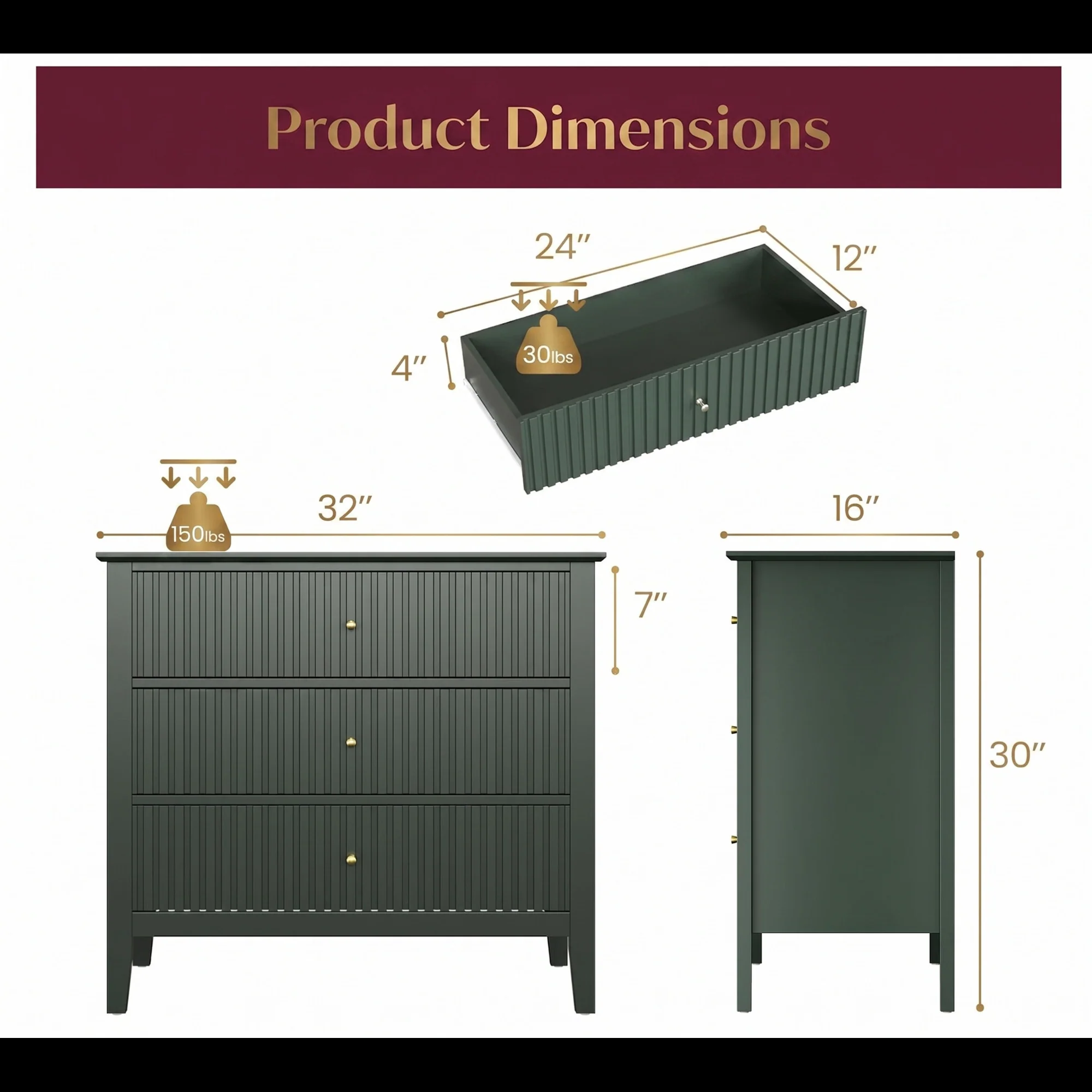 Modern Fluted 3-Drawer 32" Wide Nightstand & Side Table for Storage - Image 13