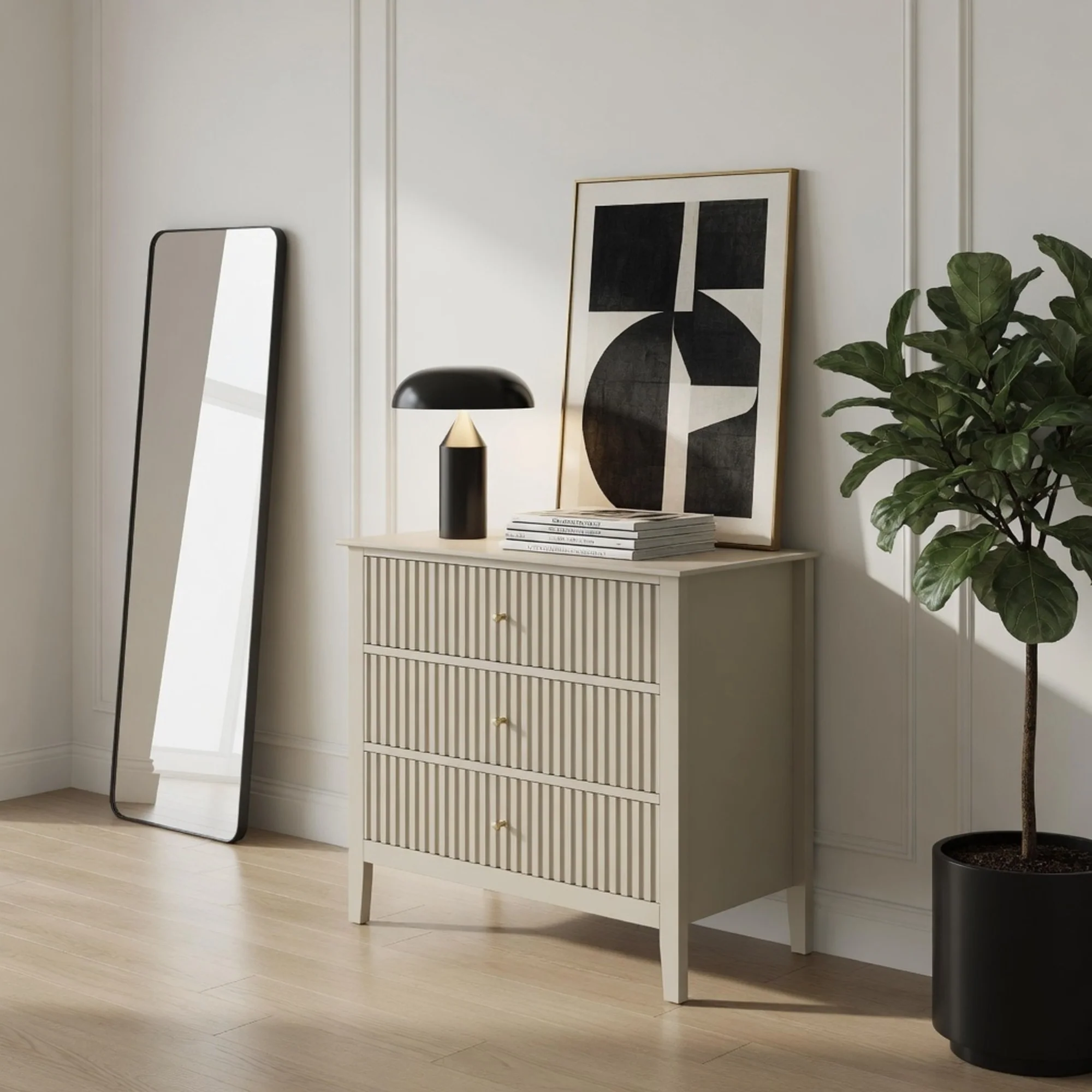 Modern Fluted 3-Drawer 32" Wide Nightstand & Side Table for Storage - Image 2