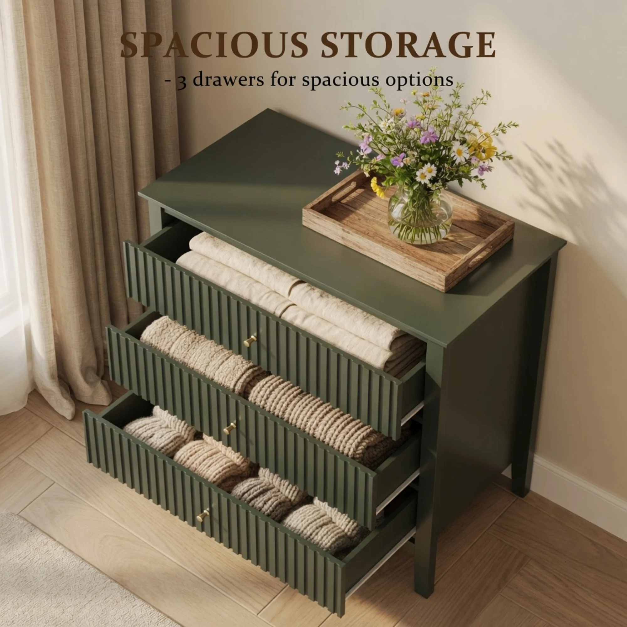 Modern Fluted 3-Drawer 32" Wide Nightstand & Side Table for Storage - Image 9