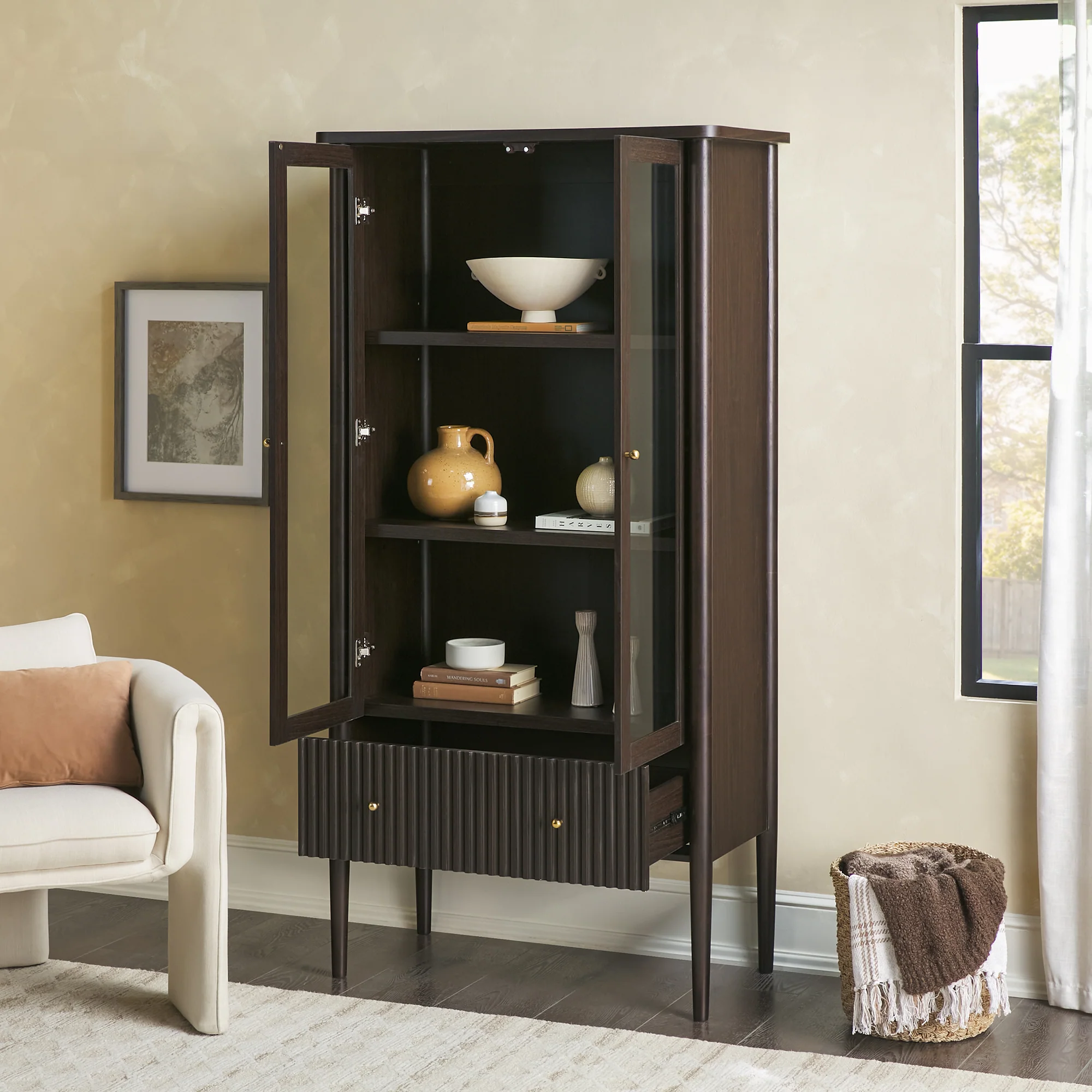 Samantha Modern Fluted Glass Cabinet Bookshelf - Image 10