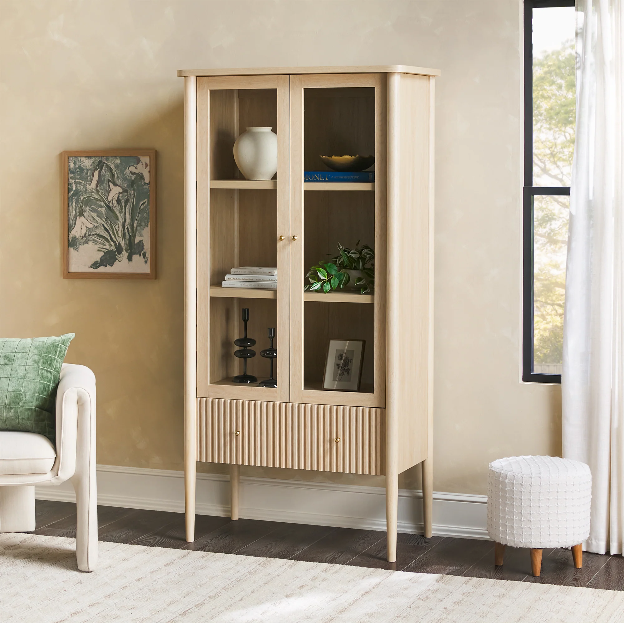Samantha Modern Fluted Glass Cabinet Bookshelf - Image 2