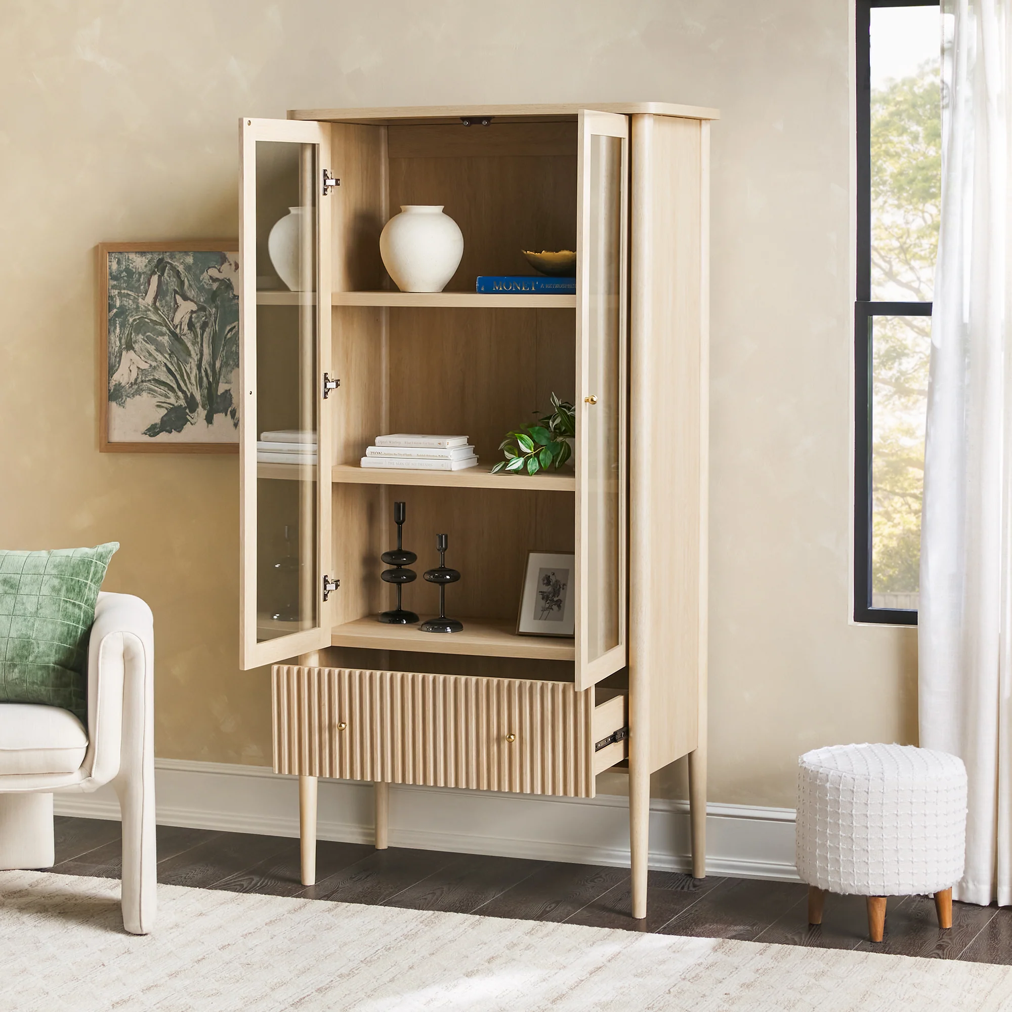 Samantha Modern Fluted Glass Cabinet Bookshelf - Image 3