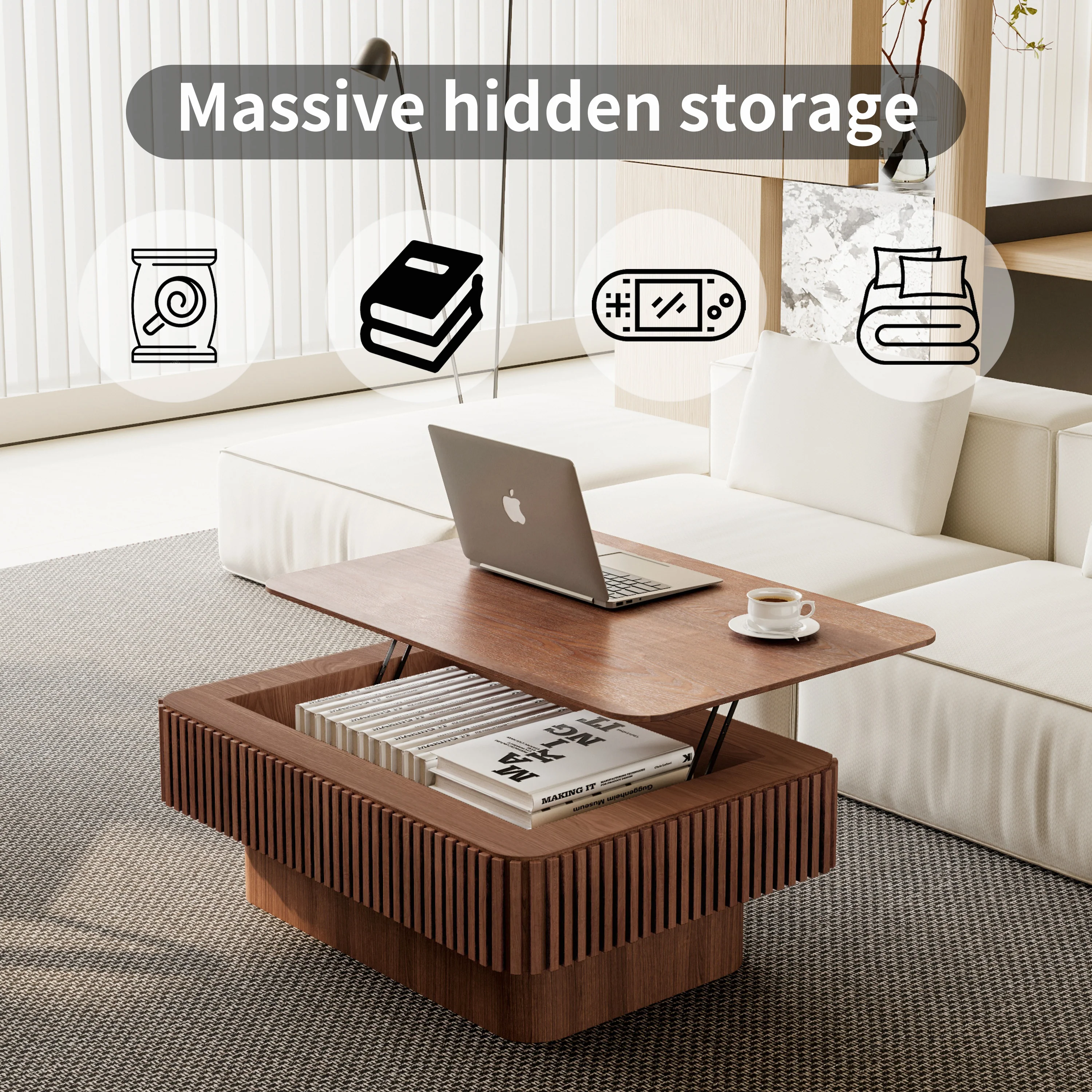 Modern Fluted Lift-top 38.6' Coffee Table - Image 11