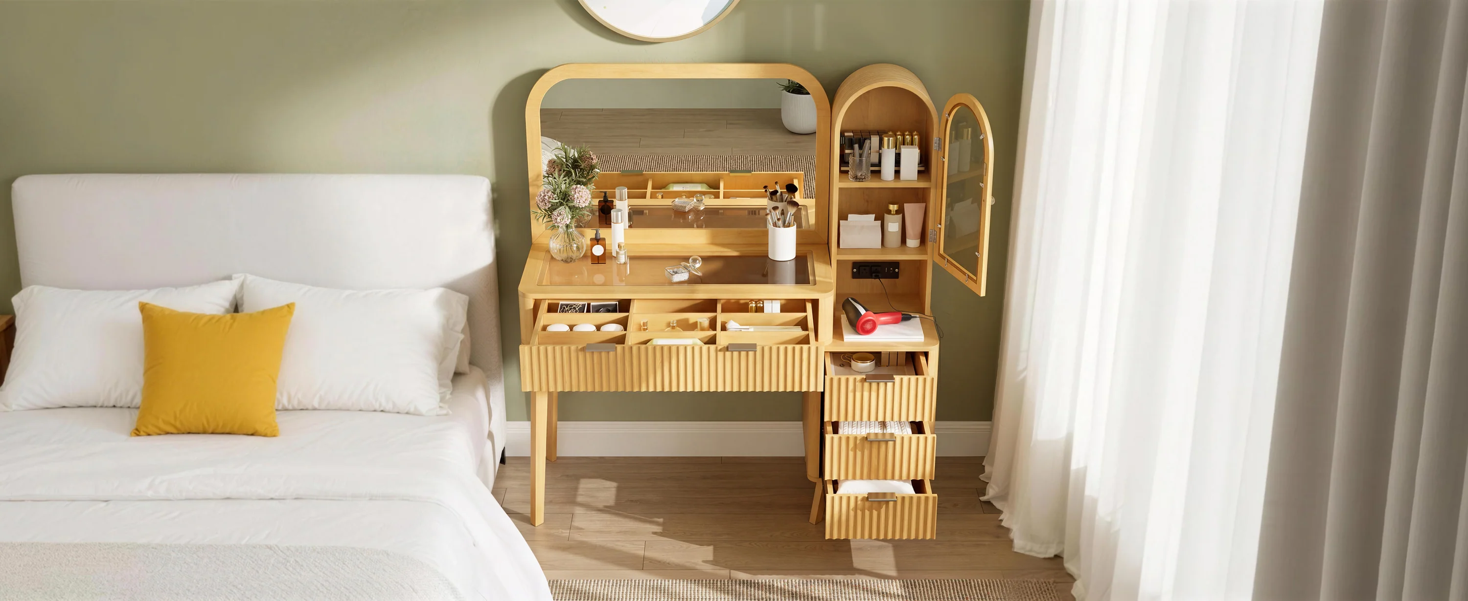 Modern Fluted Makeup Vanity Desk with Storage & Charging Station - Image 11