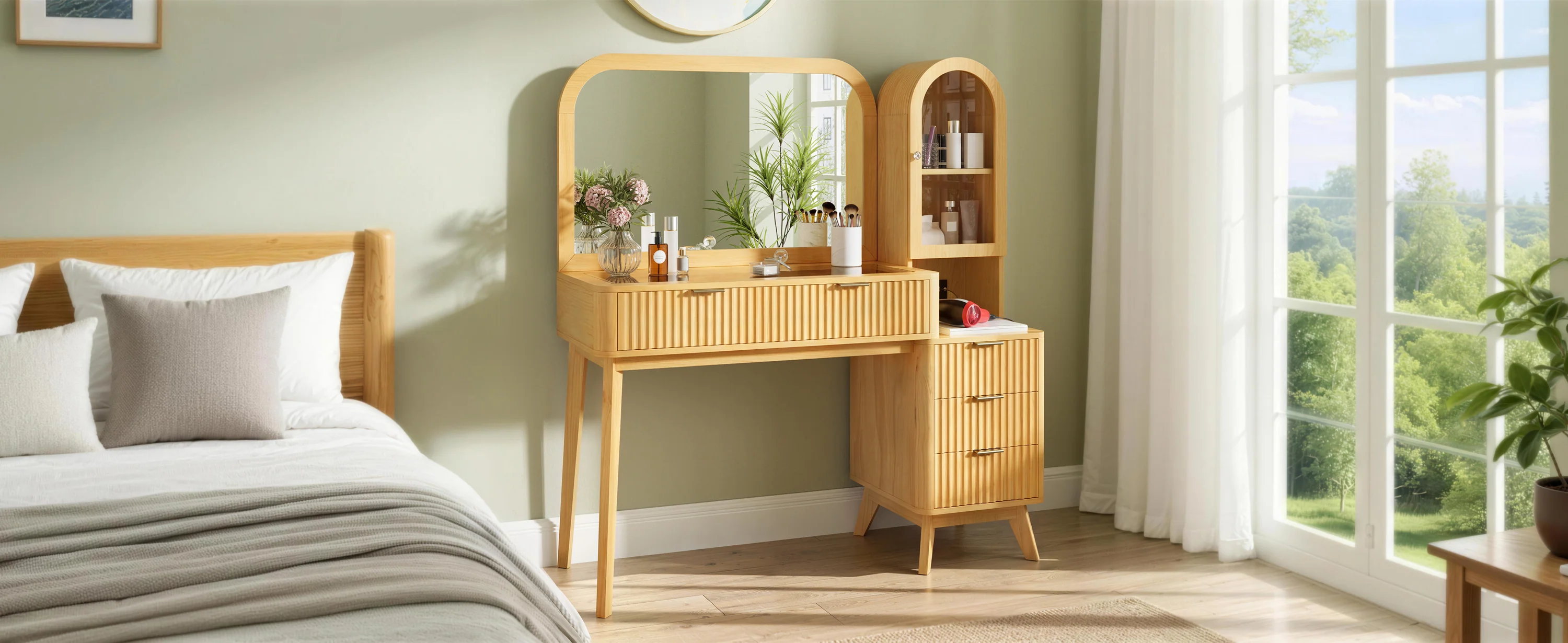 Modern Fluted Makeup Vanity Desk with Storage & Charging Station - Image 12