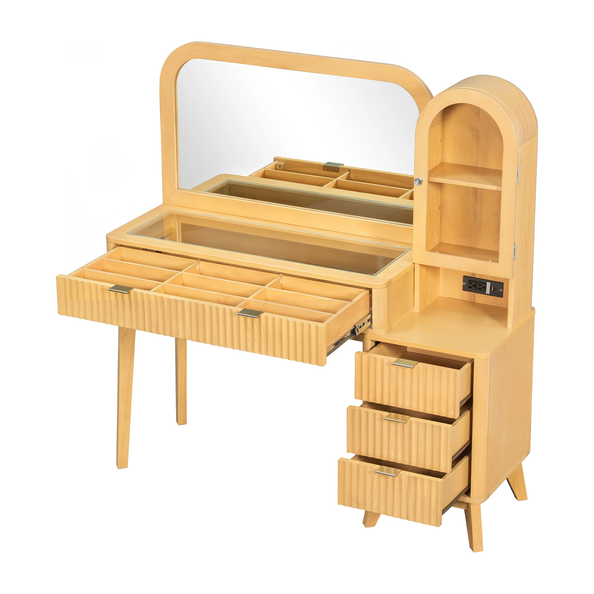 Modern Fluted Makeup Vanity Desk with Storage & Charging Station - Image 13