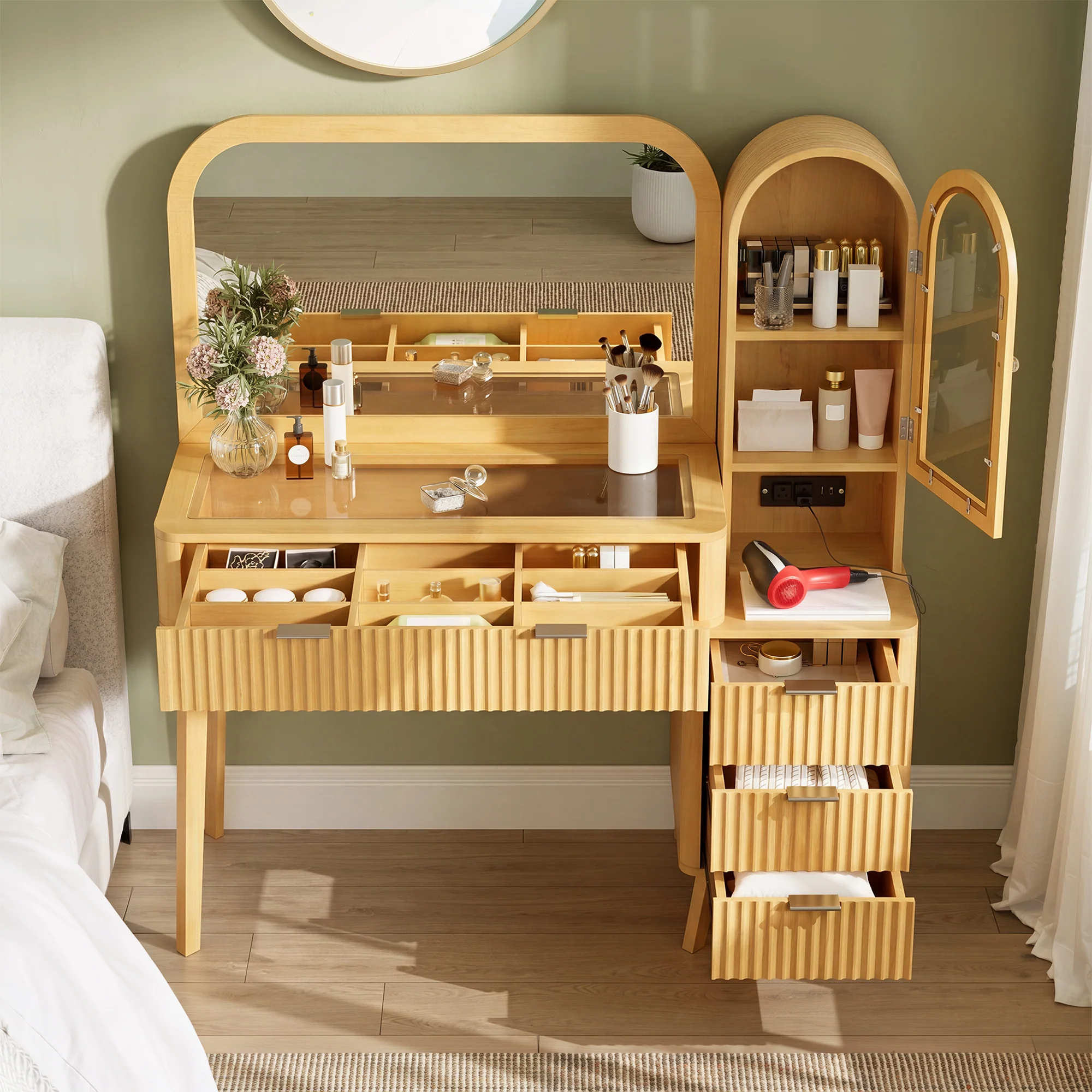 Modern Fluted Makeup Vanity Desk with Storage & Charging Station - Image 3