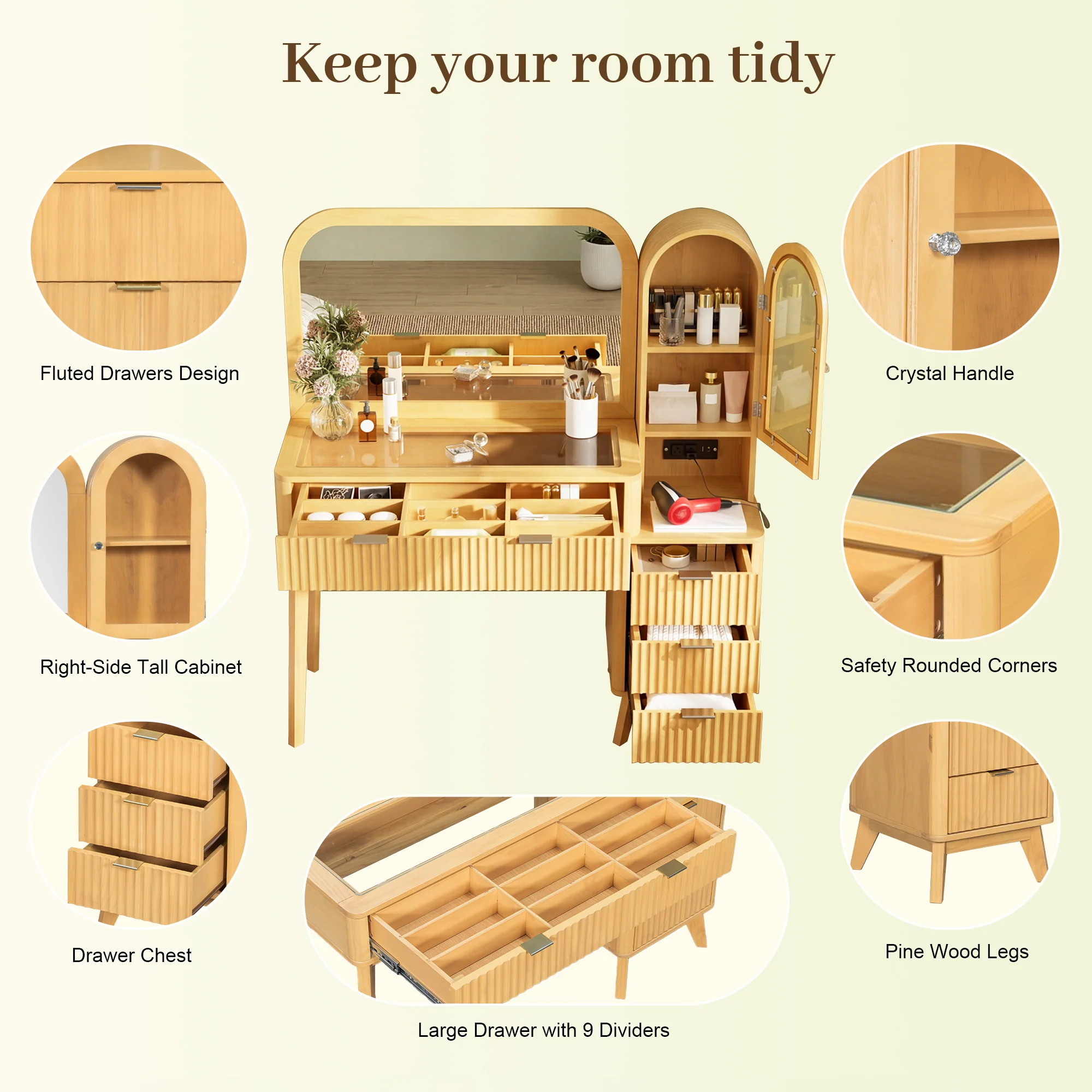Modern Fluted Makeup Vanity Desk with Storage & Charging Station - Image 4