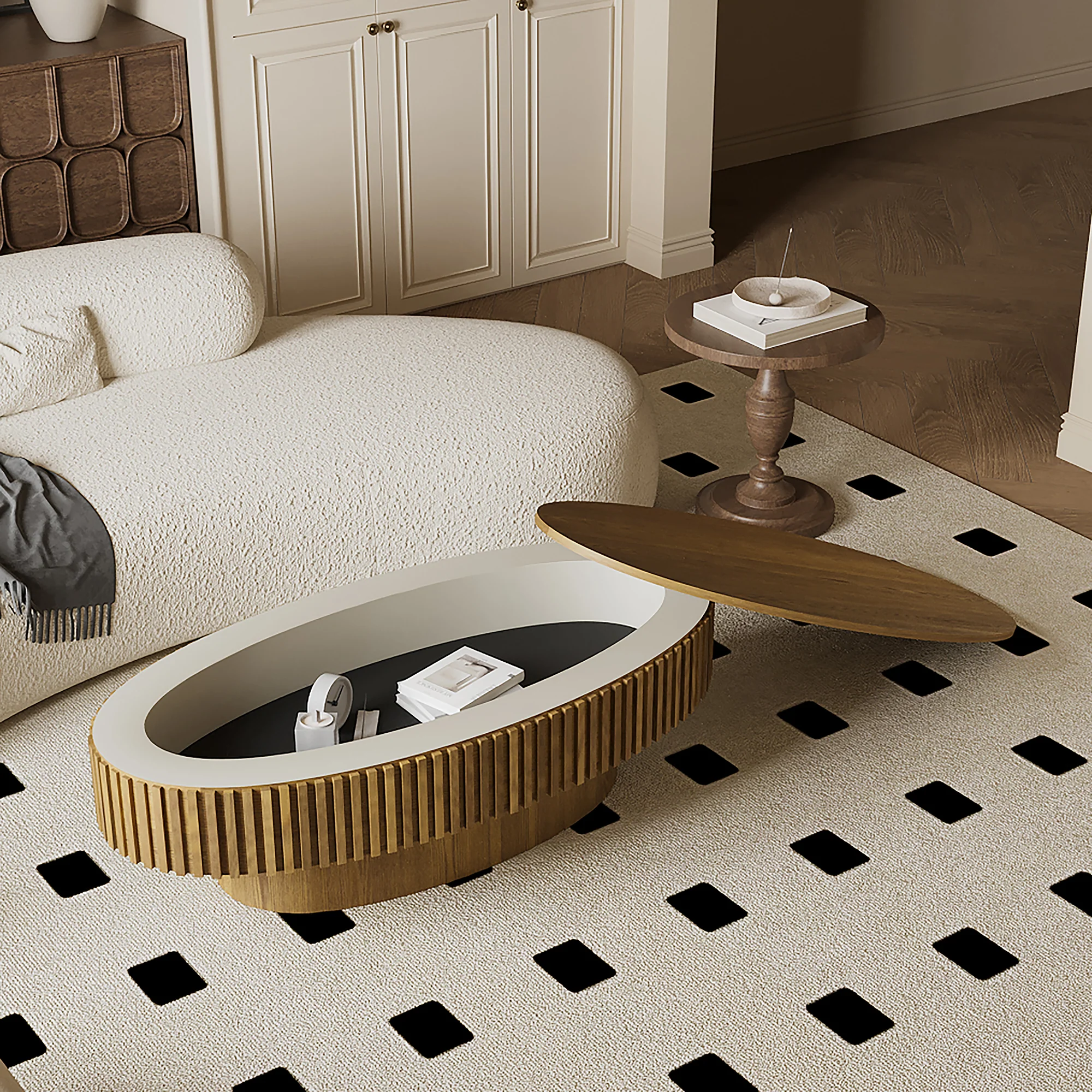 Modern Fluted Oval Solid Wood Veneered Coffee Table with Storage - Image 2