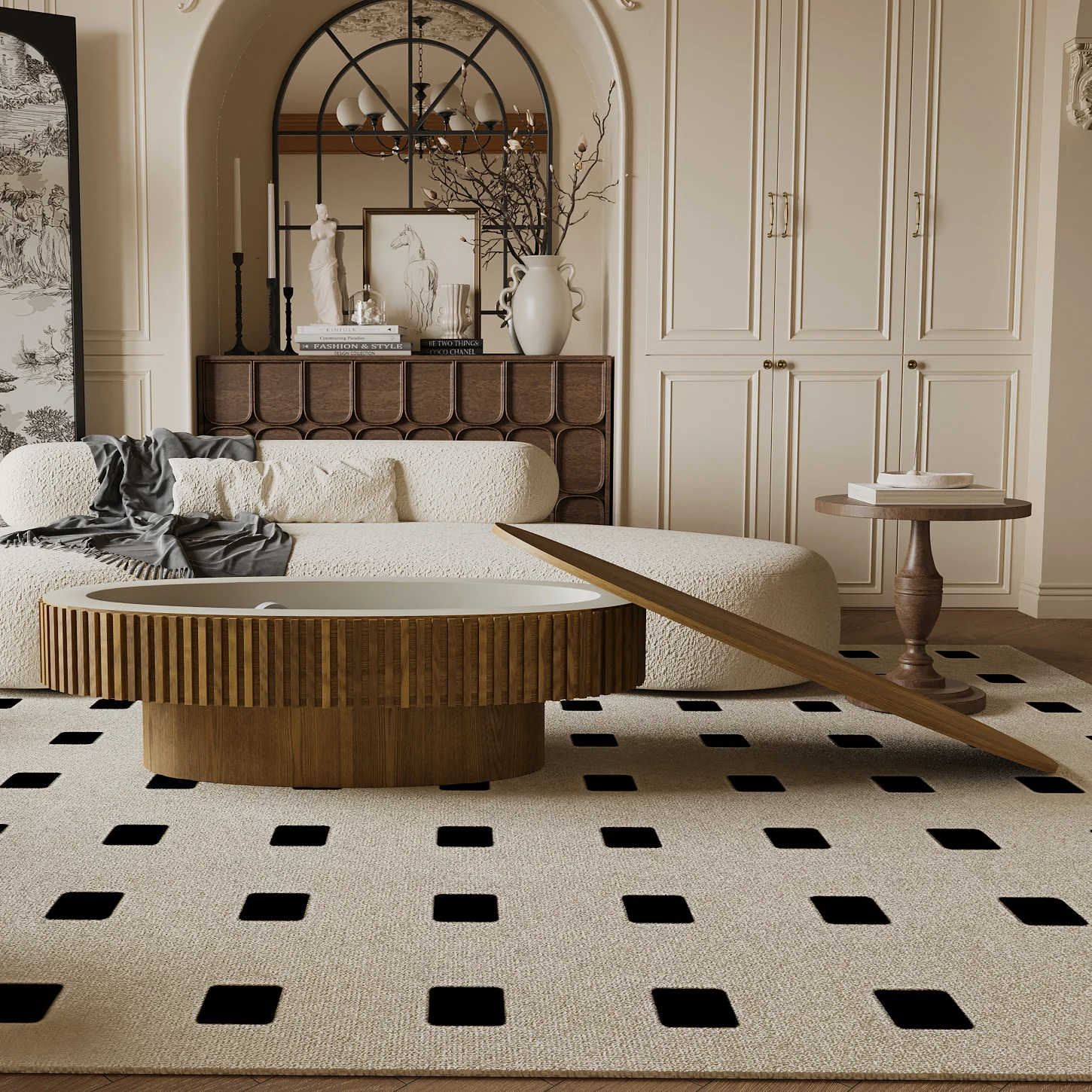 Modern Fluted Oval Solid Wood Veneered Coffee Table with Storage - Image 3