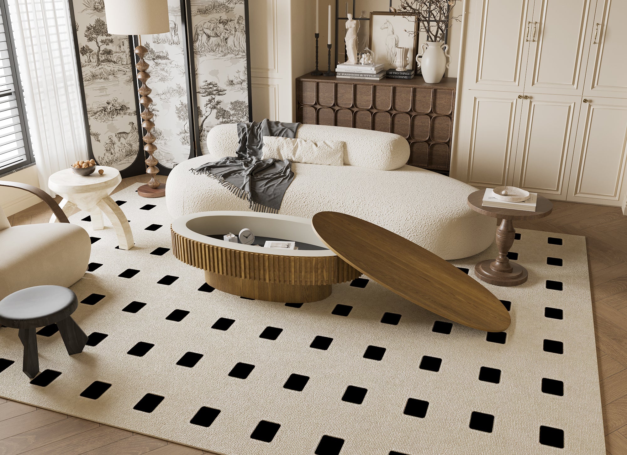 Modern Fluted Oval Solid Wood Veneered Coffee Table with Storage - Image 8