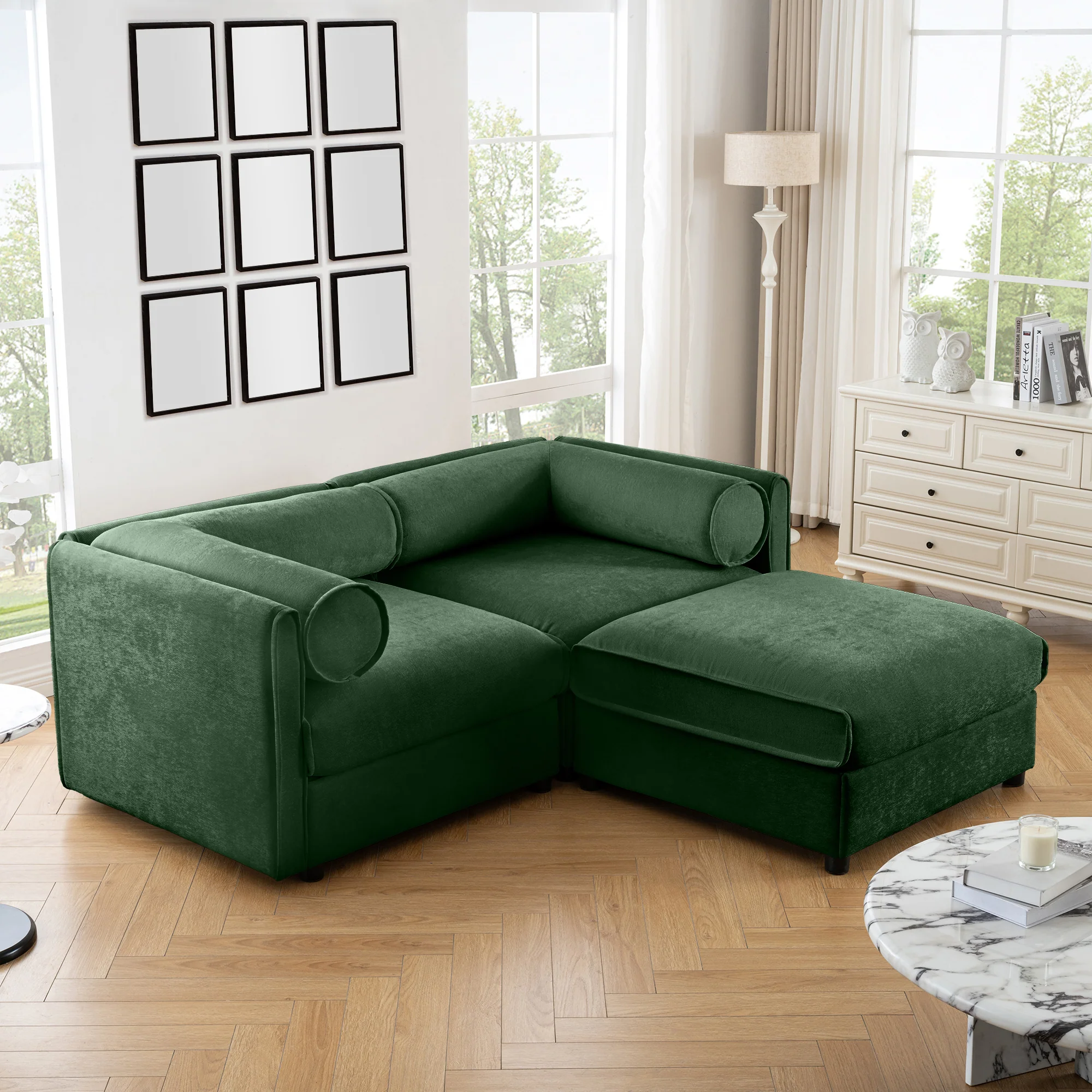 Walker Edison | Modern Green Chenille 2-Seater Loveseat Sofa with Ottoman Storage - Image 4