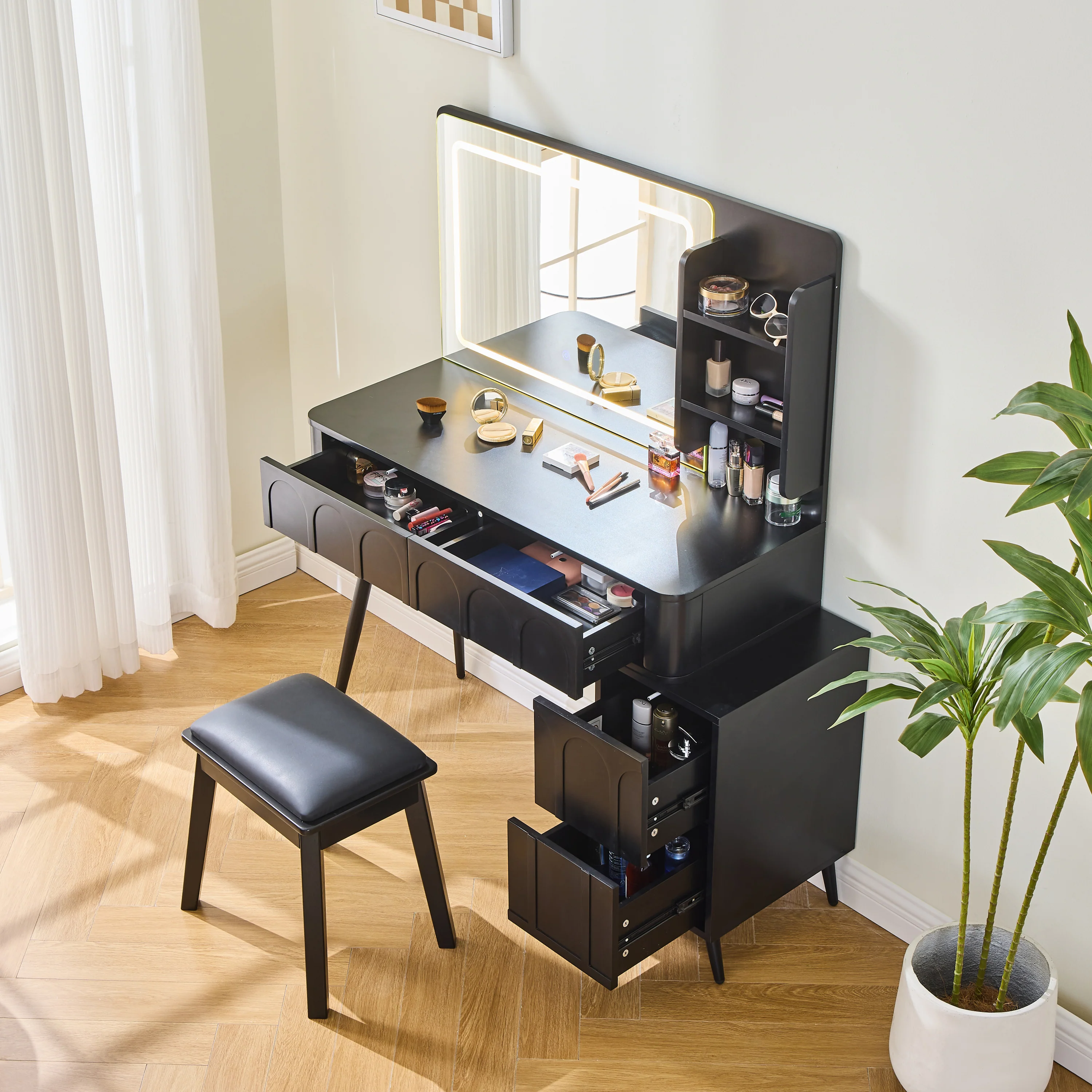 Walker Edison | Modern Makeup Vanity Desk with LED Lights & Mirror - Image 2