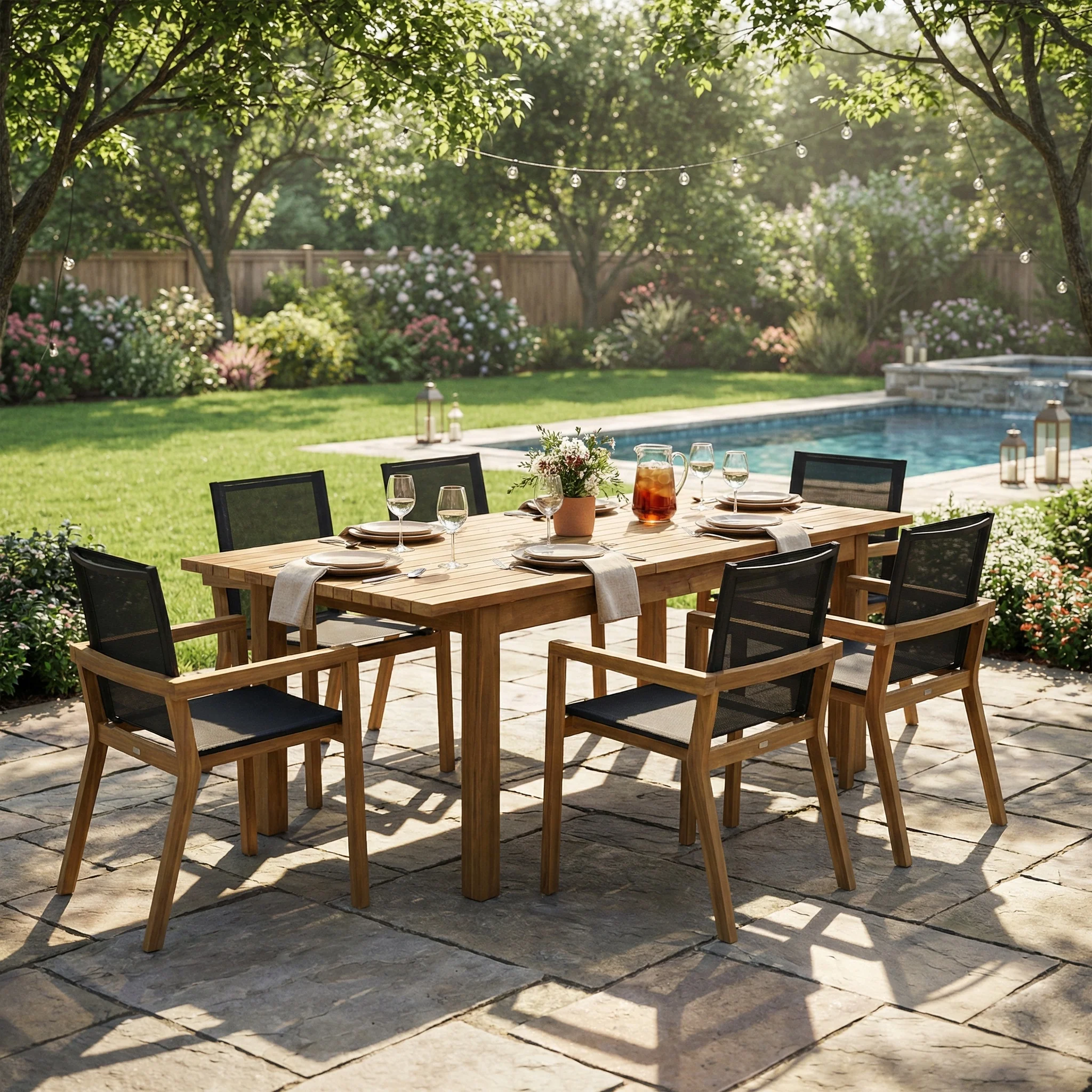 Modern Outdoor Dining Wood Teak Set, Seats 6 with Table - Image 2