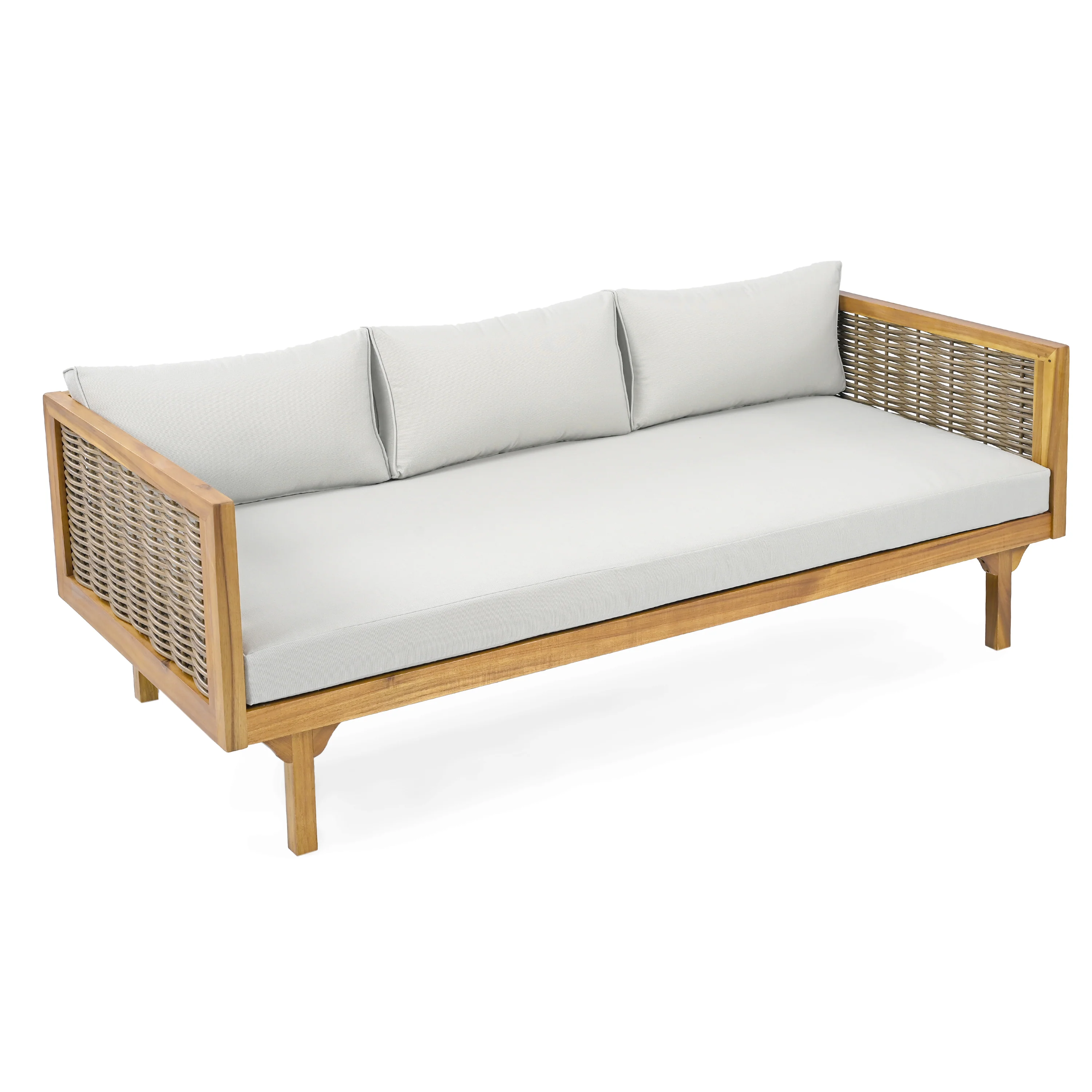 Walker Edison | Modern Outdoor Teak Rattan Deep Seat Daybed - Image 3