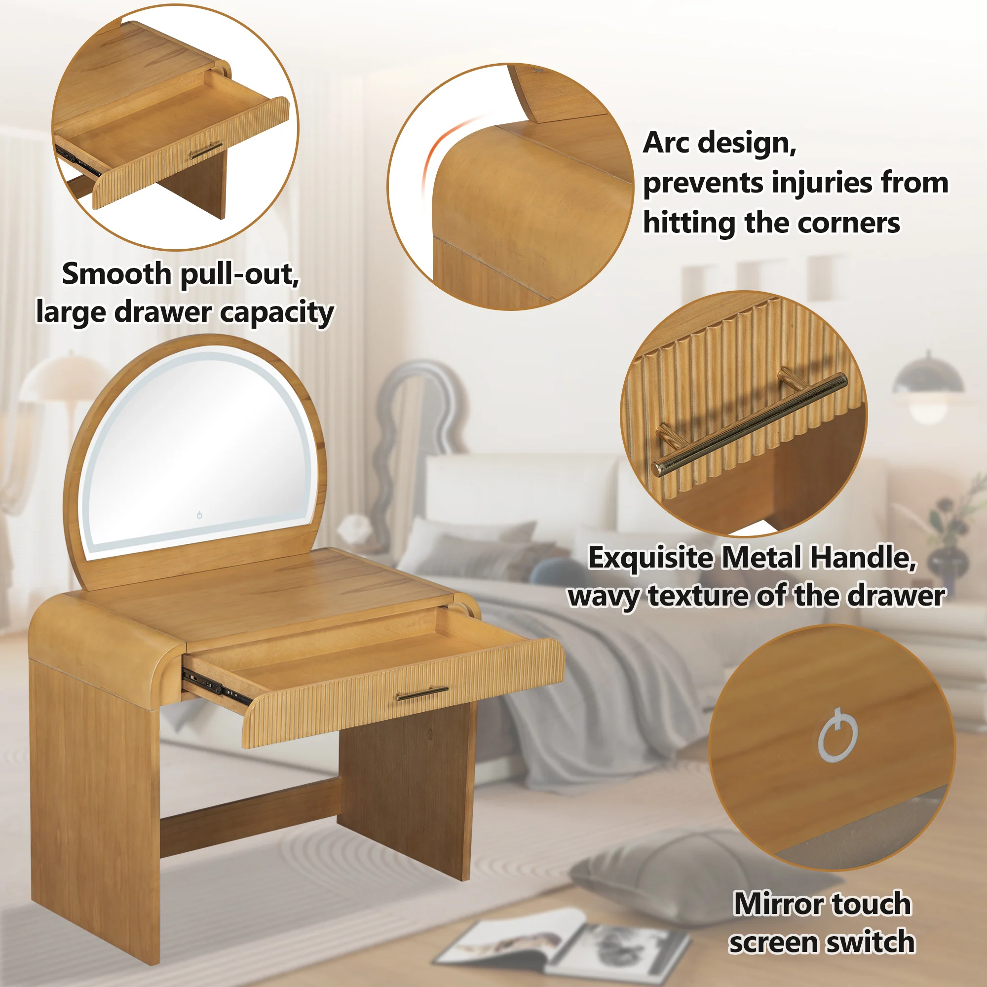 Walker Edison | Natural Reeded Curve Design Makeup Vanity Desk with Mirror - Image 5