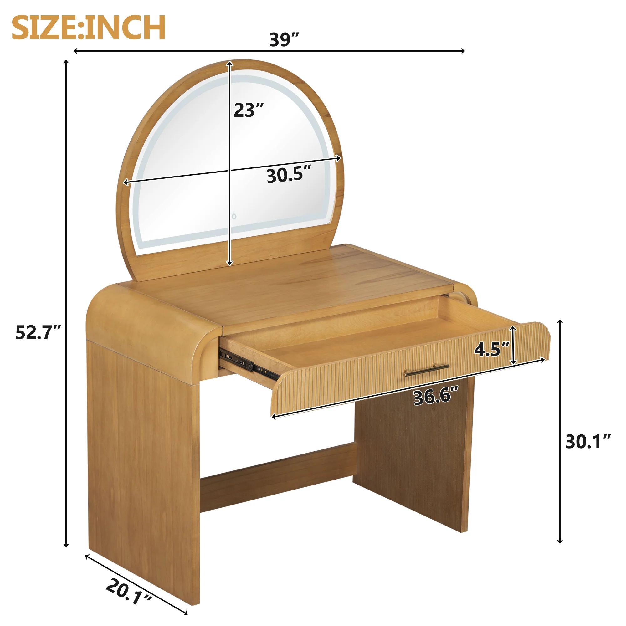 Walker Edison | Natural Reeded Curve Design Makeup Vanity Desk with Mirror - Image 8