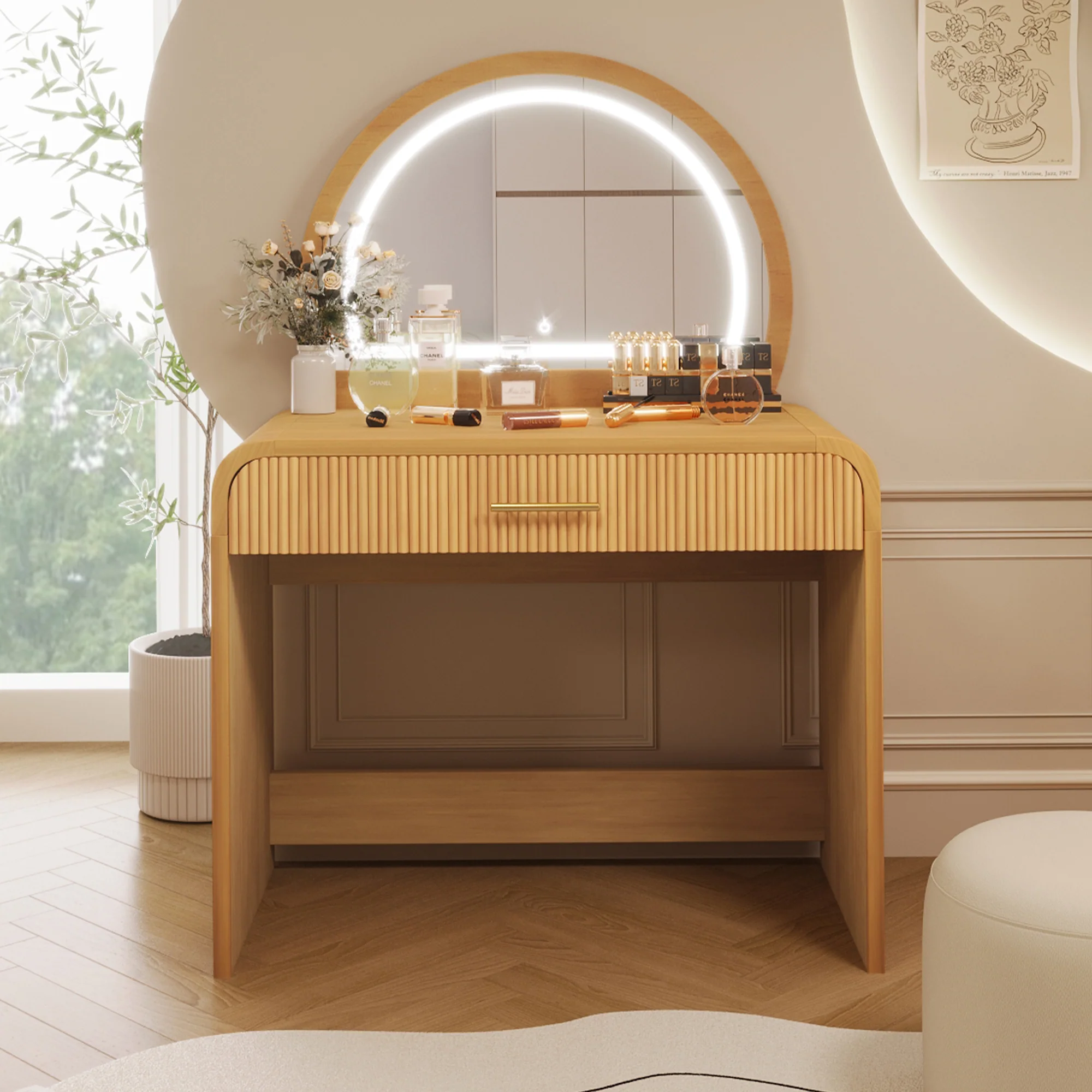 Walker Edison | Natural Reeded Curve Design Makeup Vanity Desk with Mirror - Image 2