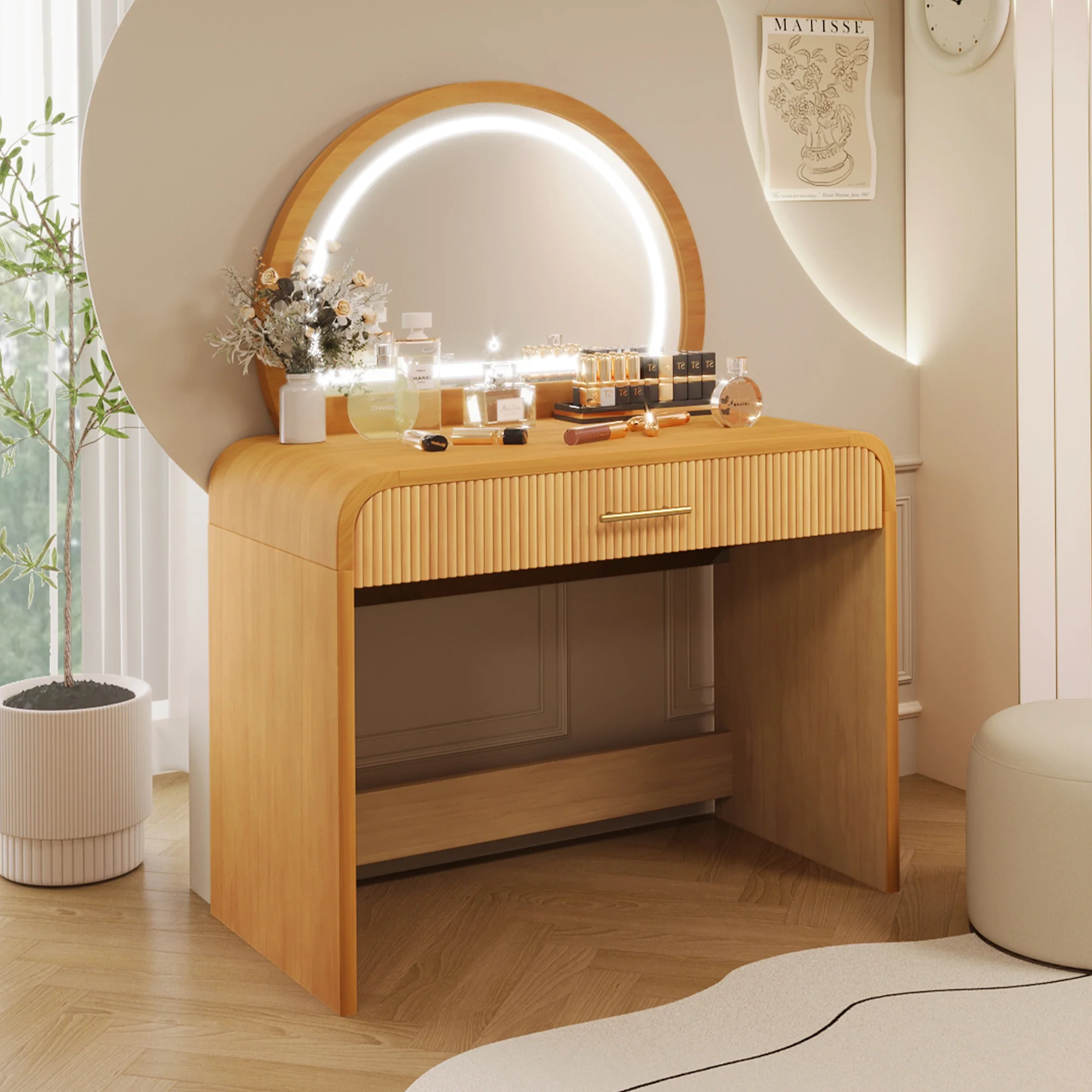 Walker Edison | Natural Reeded Curve Design Makeup Vanity Desk with Mirror - Image 3