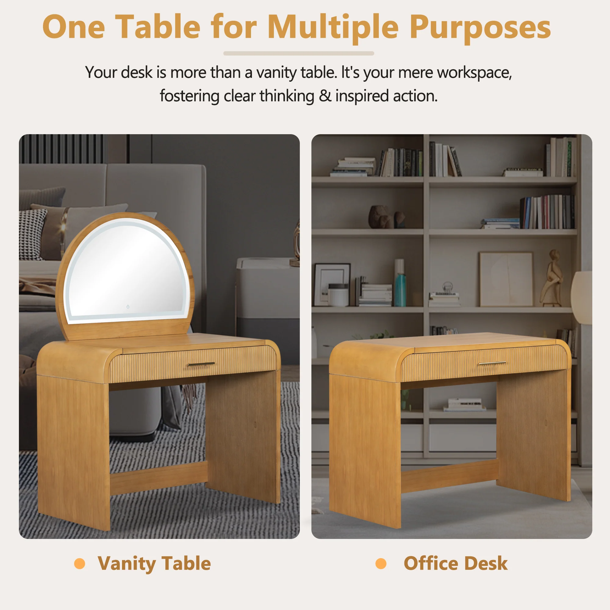 Walker Edison | Natural Reeded Curve Design Makeup Vanity Desk with Mirror - Image 6