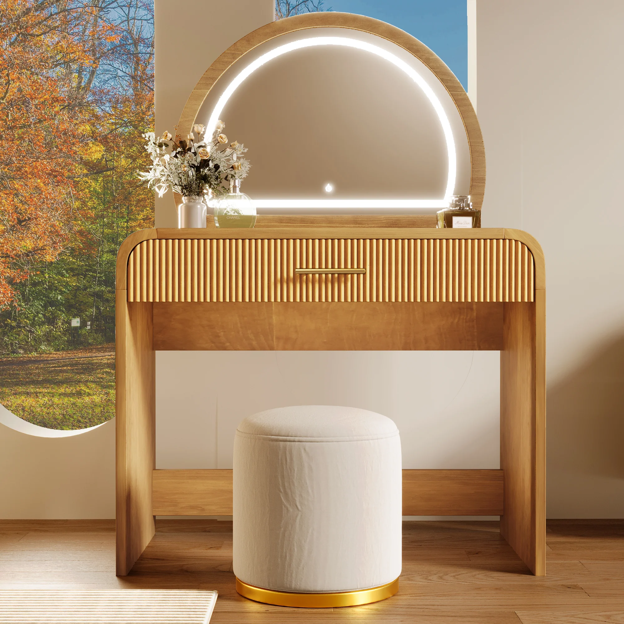 Walker Edison | Natural Reeded Curve Design Makeup Vanity Desk with Mirror