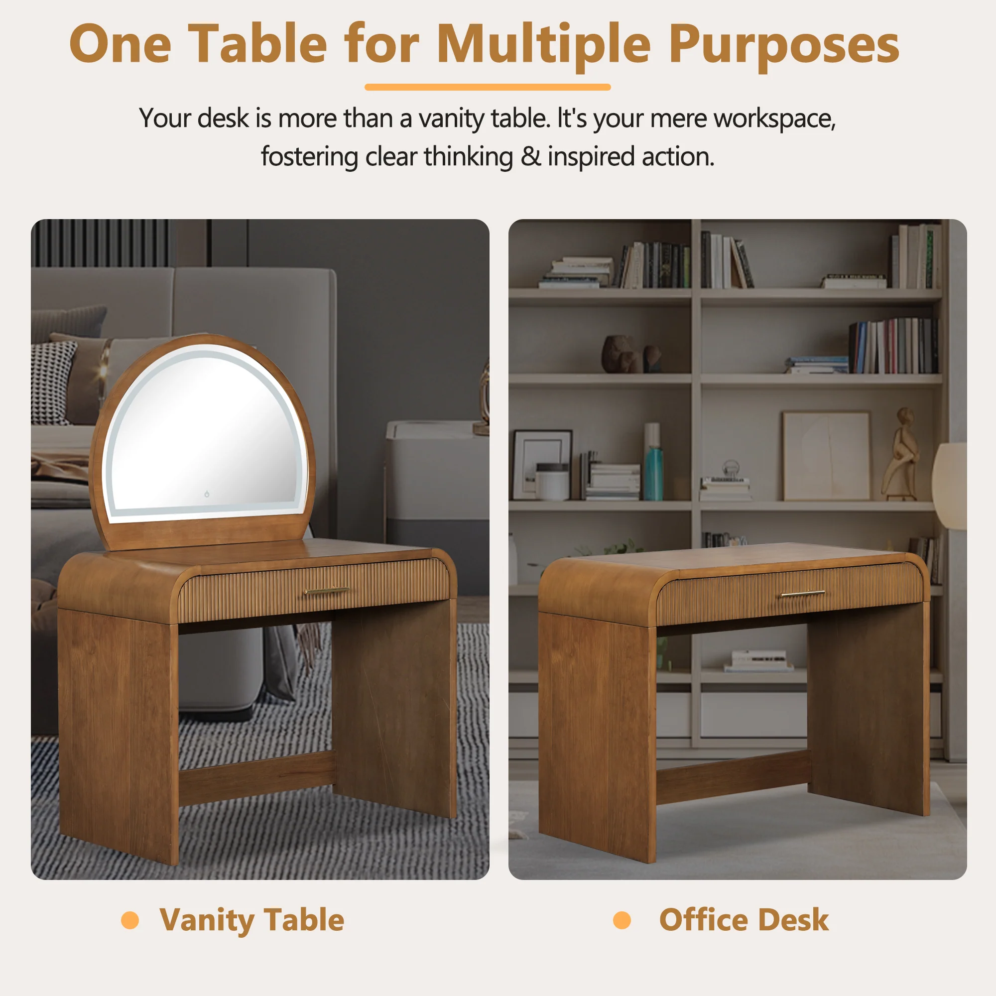 Walker Edison | Modern Reeded Curve Design Makeup Vanity Table - Image 5