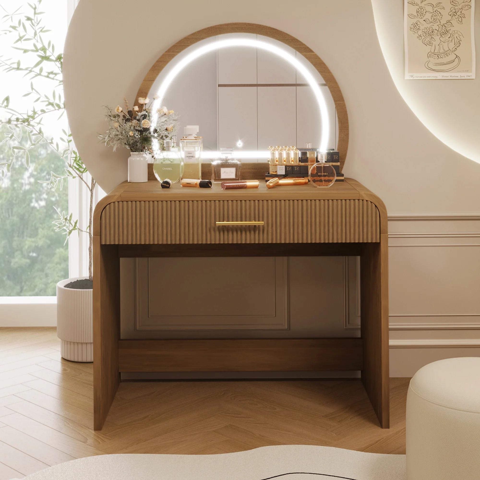 Walker Edison | Modern Reeded Curve Design Makeup Vanity Table - Image 6