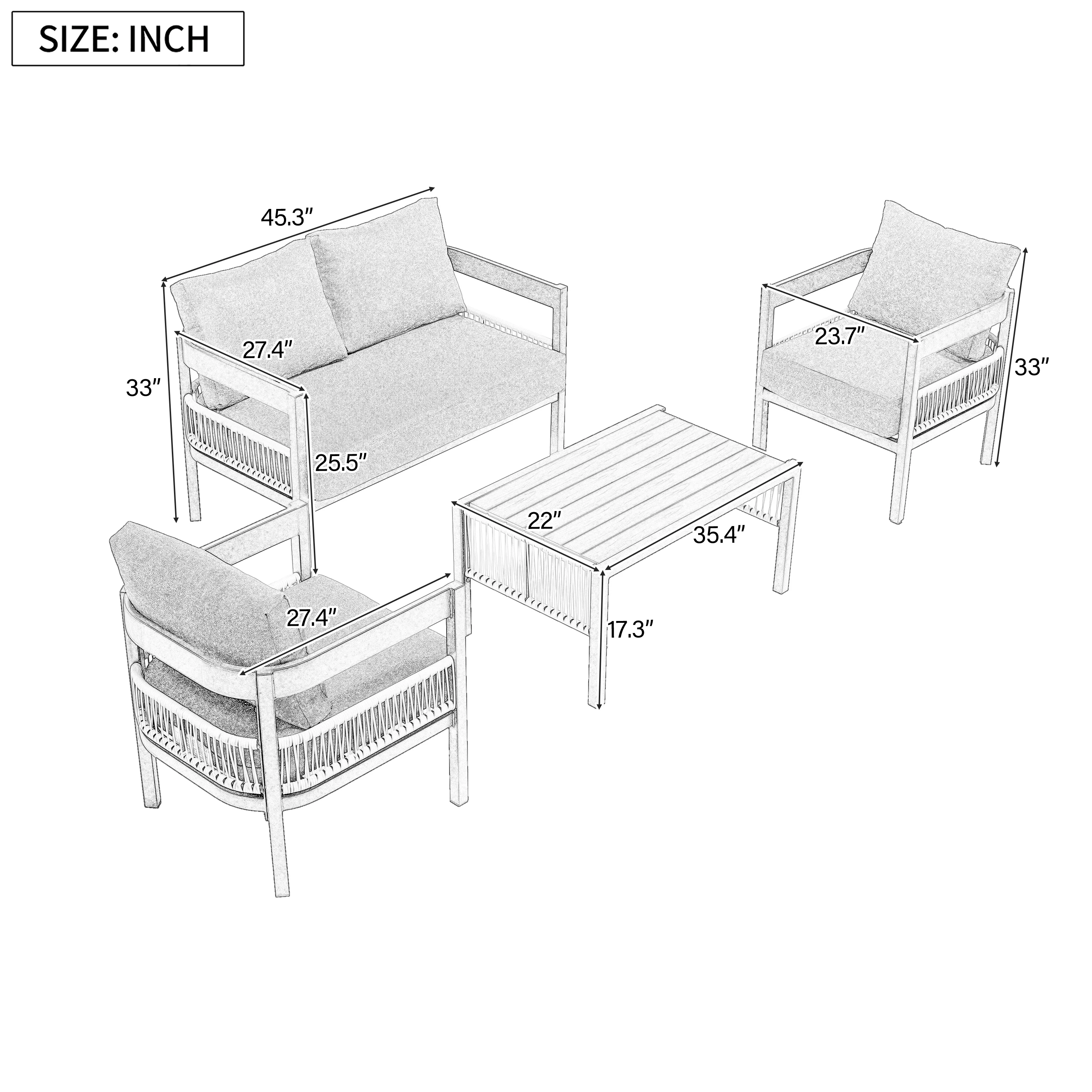 Walker Edison | Modern Rope Design Outdoor Iron Sofa Set with Coffee Table - Image 3