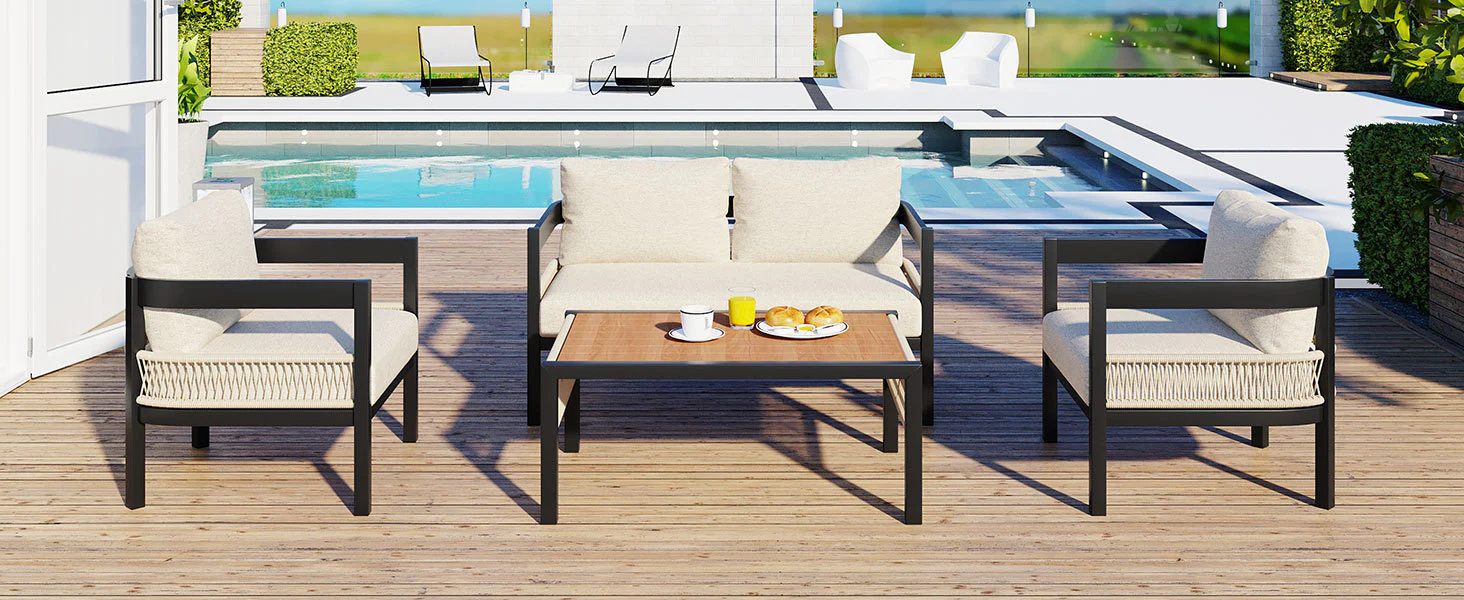Walker Edison | Modern Rope Design Outdoor Iron Sofa Set with Coffee Table - Image 5
