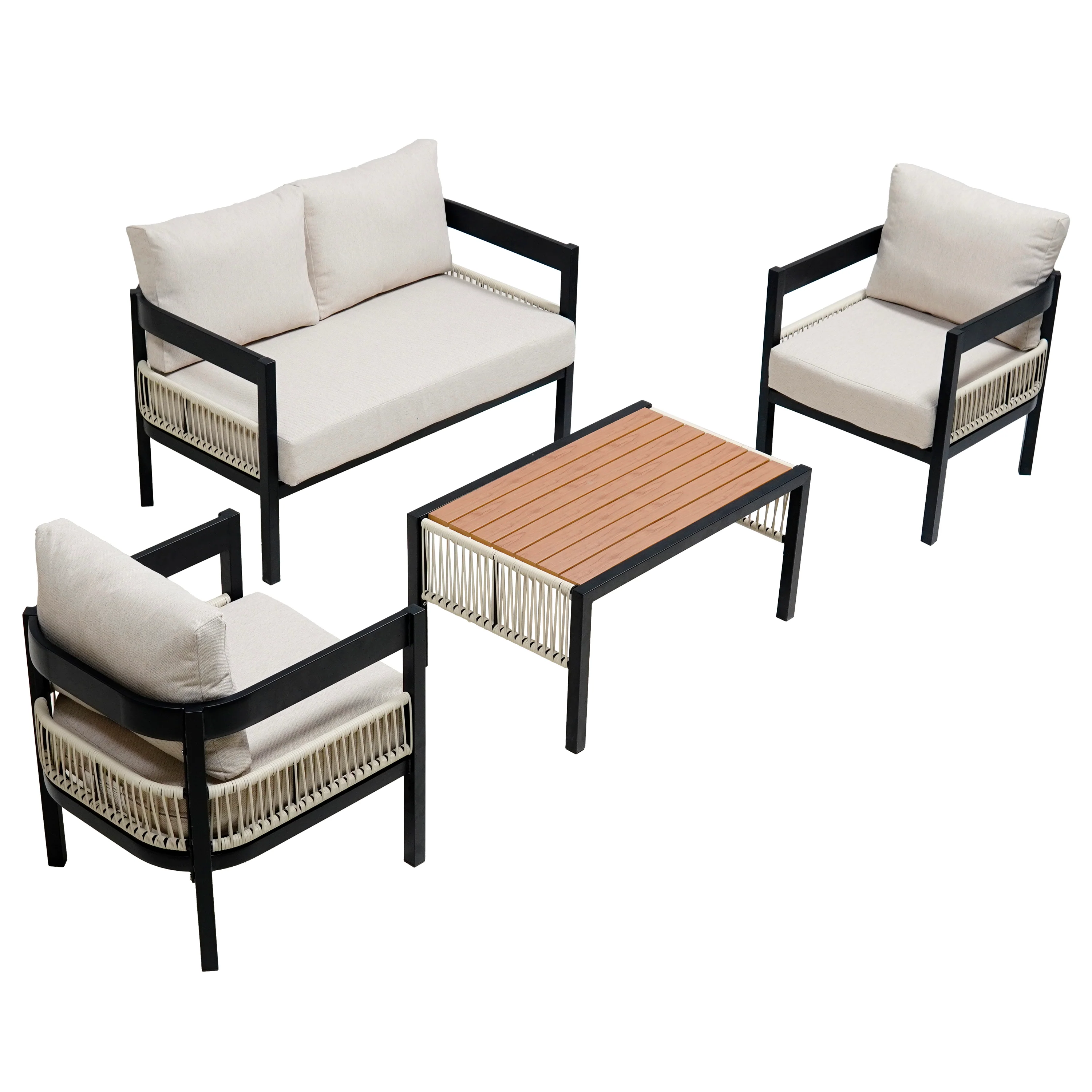 Walker Edison | Modern Rope Design Outdoor Iron Sofa Set with Coffee Table - Image 6
