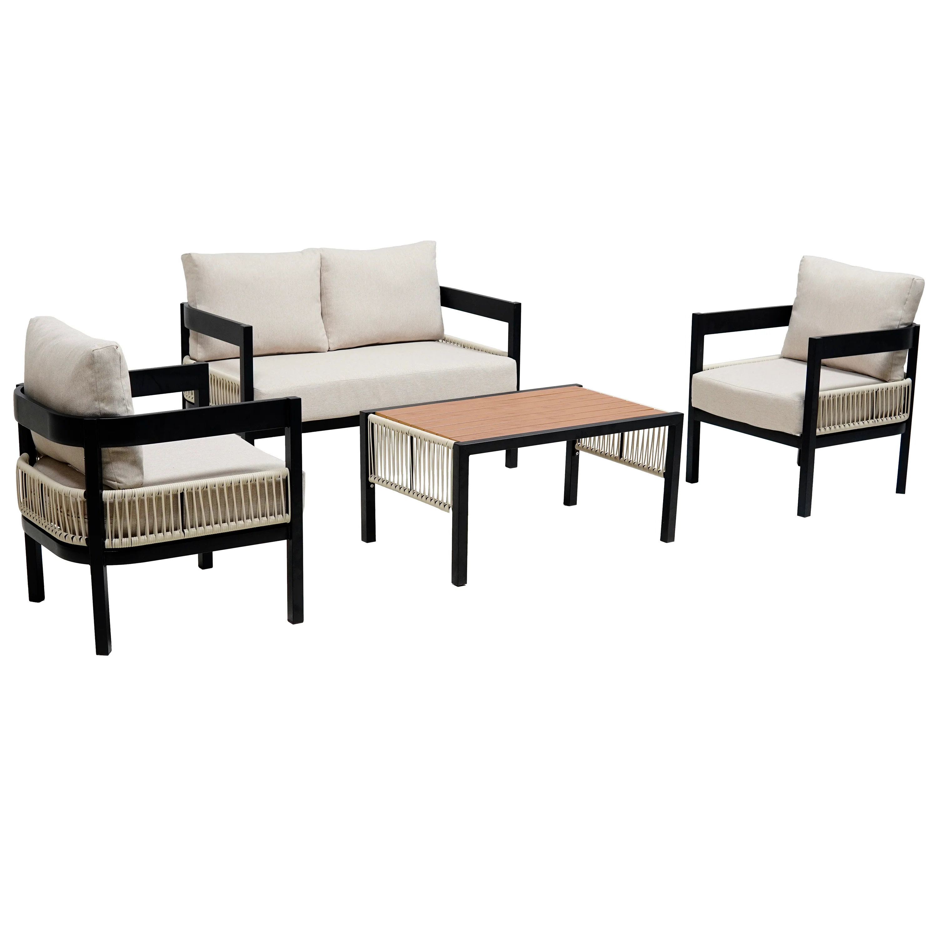 Walker Edison | Modern Rope Design Outdoor Iron Sofa Set with Coffee Table - Image 7