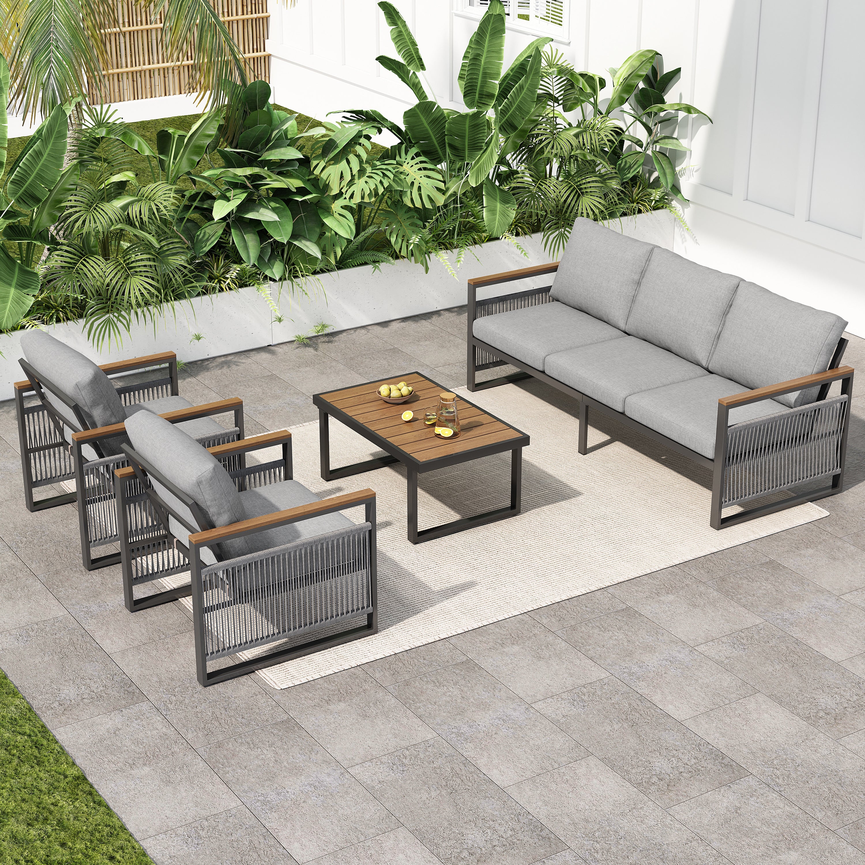 Modern Rope Design Outdoor Patio Sofa Set with Cushion & Table - Image 2