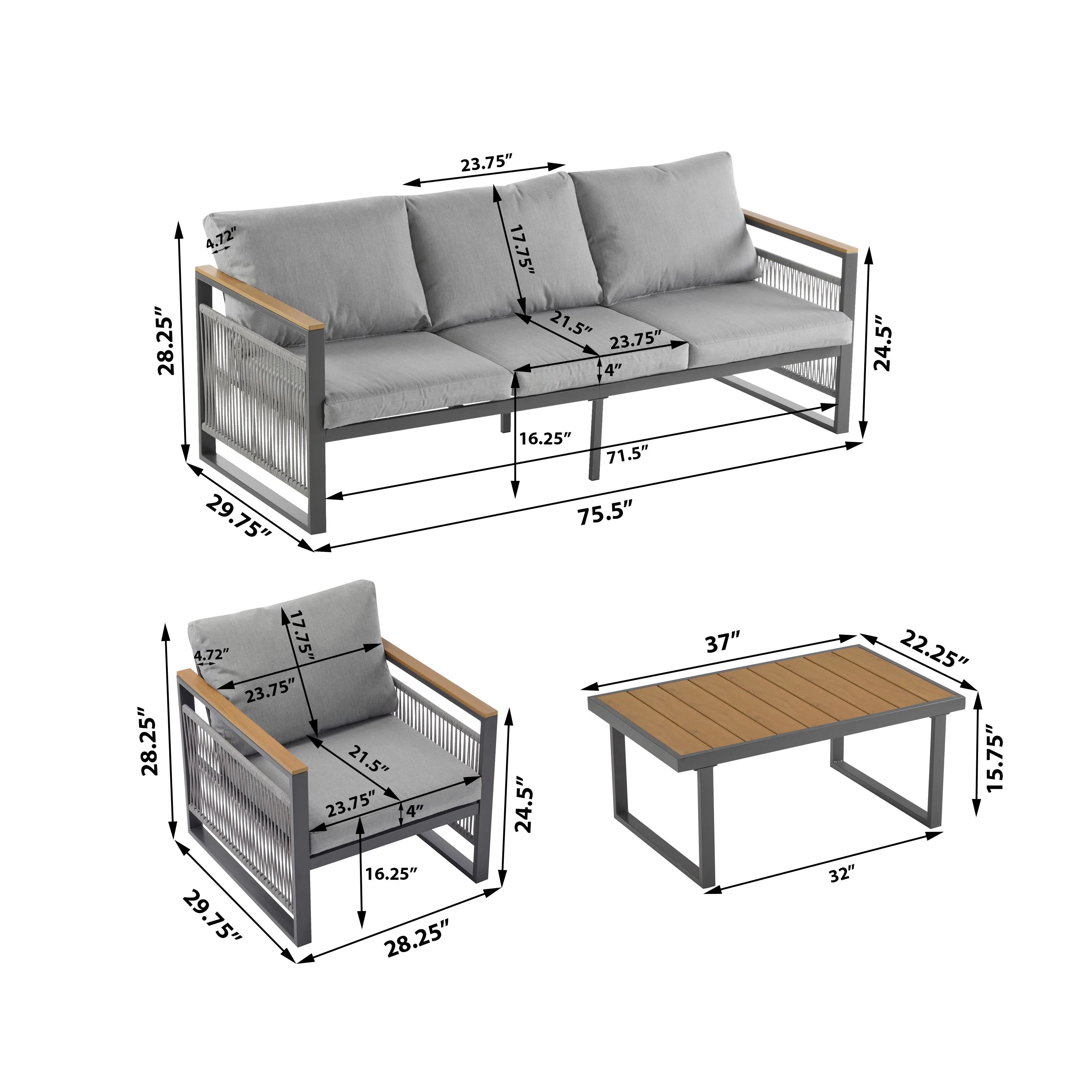 Modern Rope Design Outdoor Patio Sofa Set with Cushion & Table - Image 6