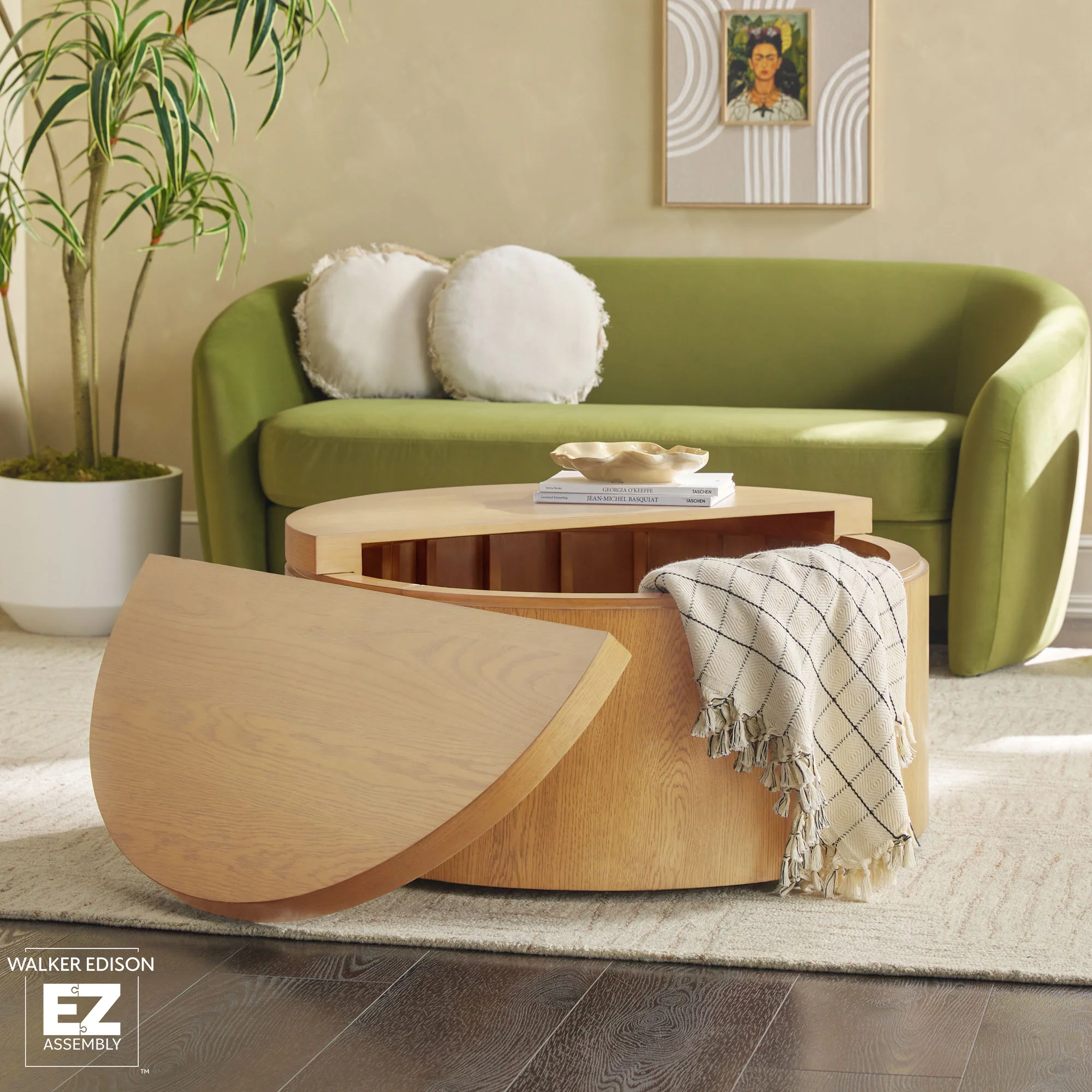 Maya 36" Modern Easy Assembly Round Oak Wood Veneer Coffee table with Storage - Image 3
