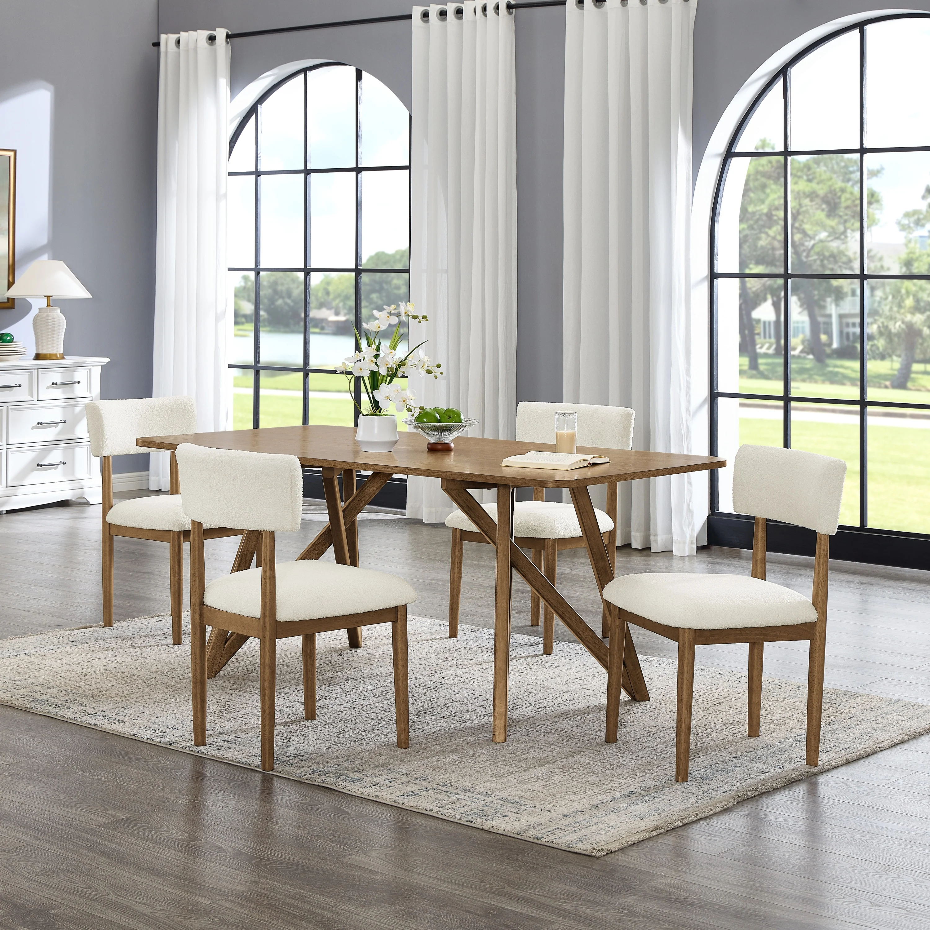 Modern Scandinavian 5-Piece Dining Set with Dining Table and 4 Boucle Chairs