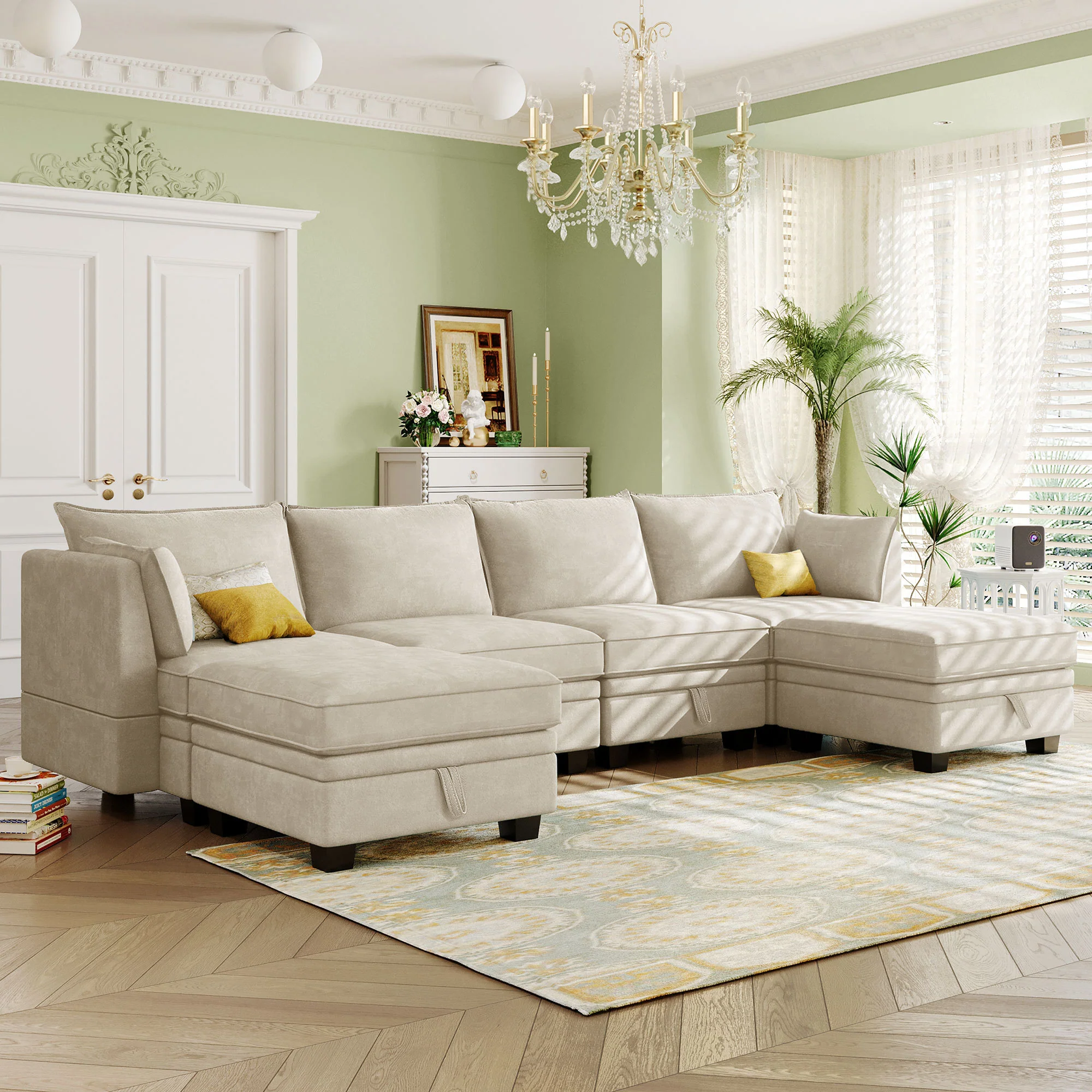 Modern Storage U-Shape Modular Sectional Convertible Sofa Bed with Ottoman