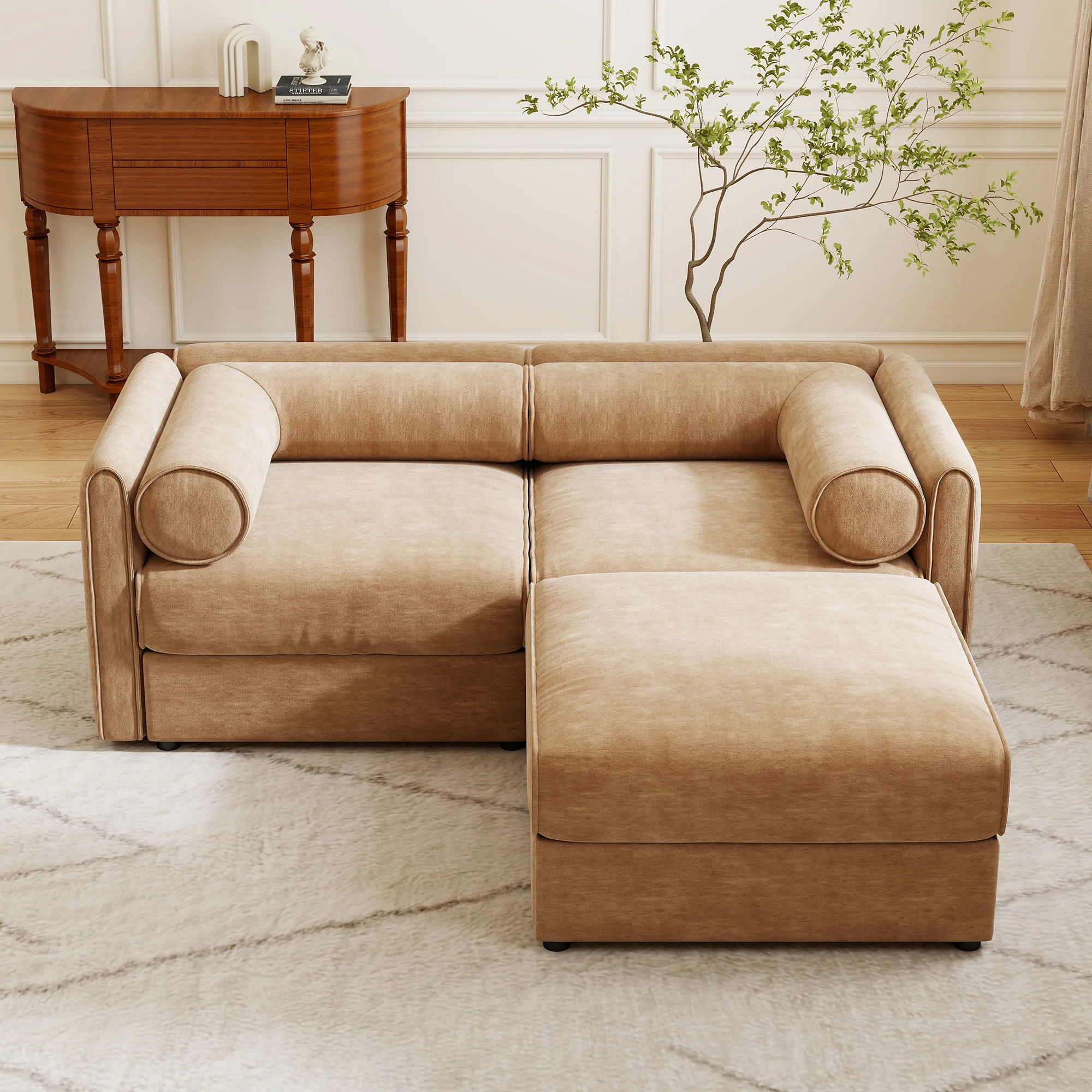Walker Edison | Modern Stylish Camel Chenille Loveseat Sofa with Ottoman - Image 2