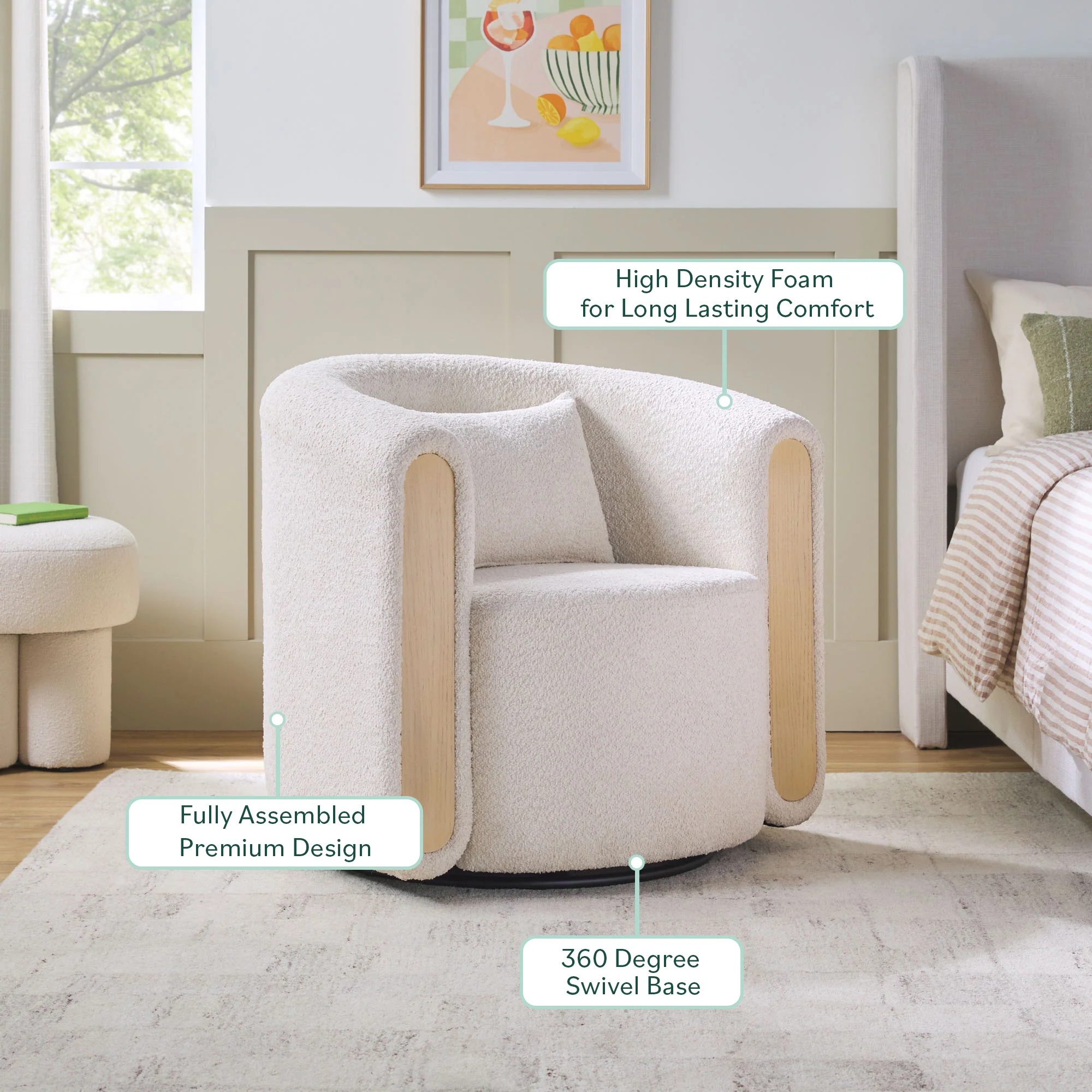 Chantelle Modern Boucle Upholstered Fully Assembled Swivel Barrel Accent Chair - Image 3