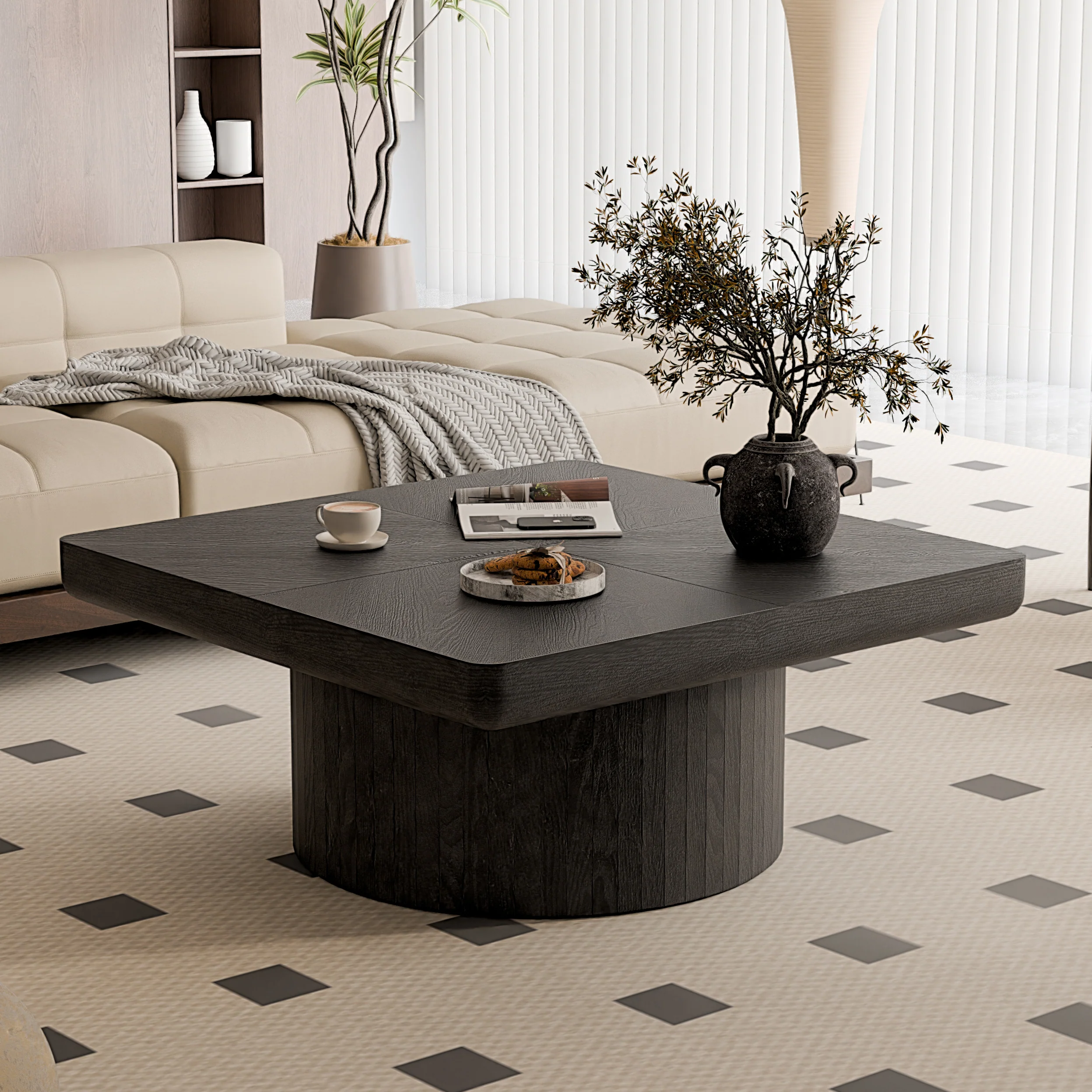 Modern Veneer 34.6'' Square Fluted Cylindrical Base Coffee Table