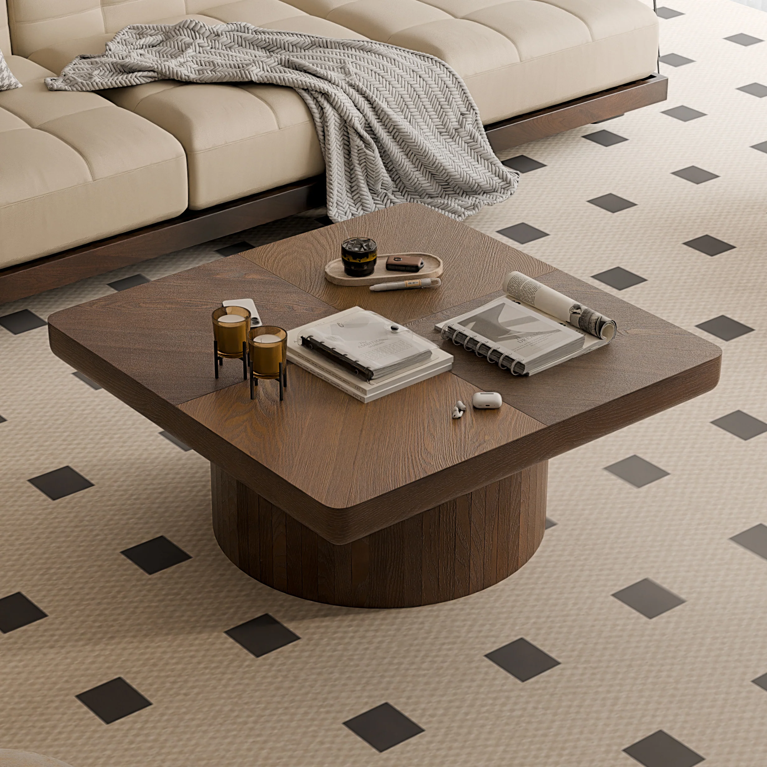 Modern Veneer 34.6'' Square Fluted Cylindrical Base Coffee Table - Image 10