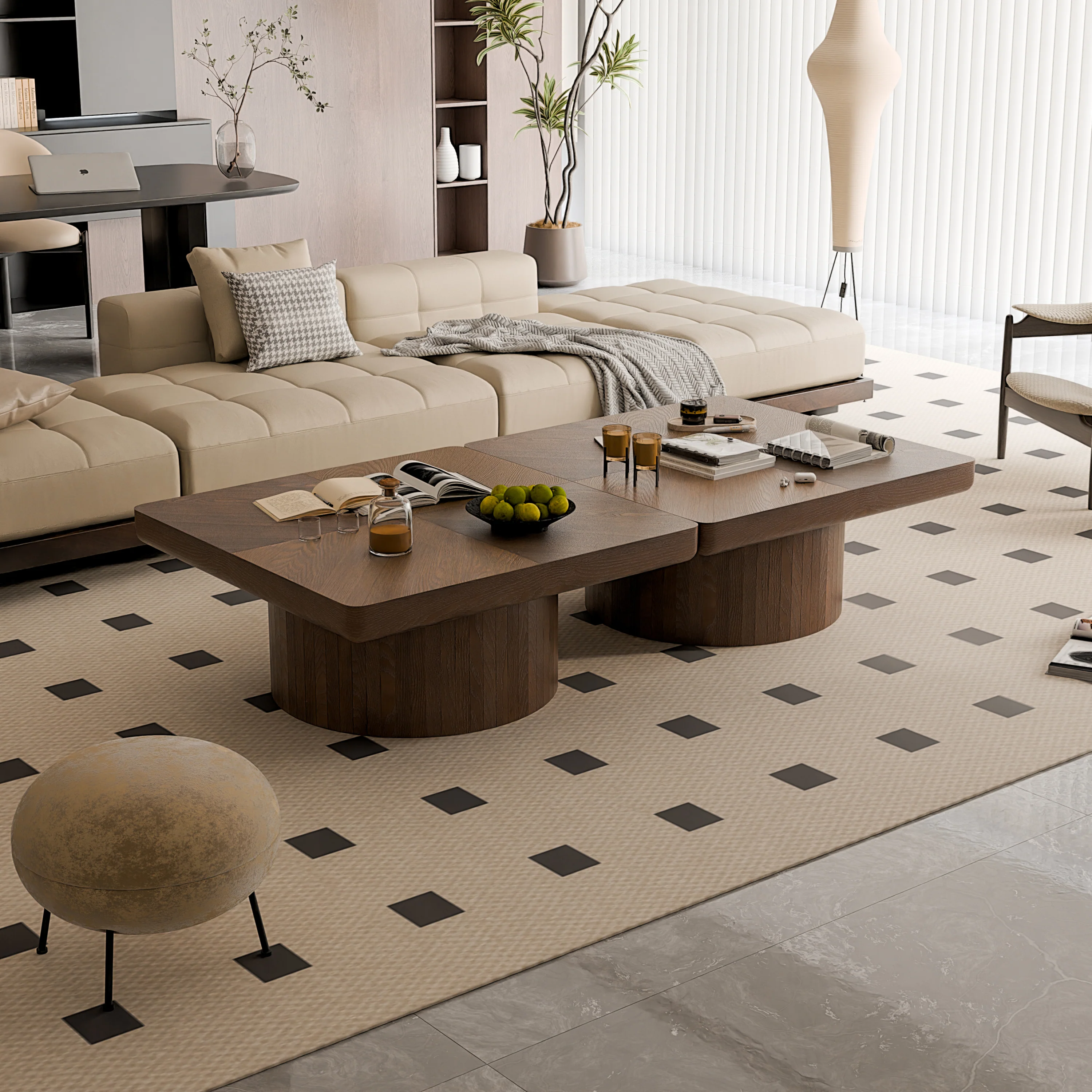 Modern Veneer 34.6'' Square Fluted Cylindrical Base Coffee Table - Image 11