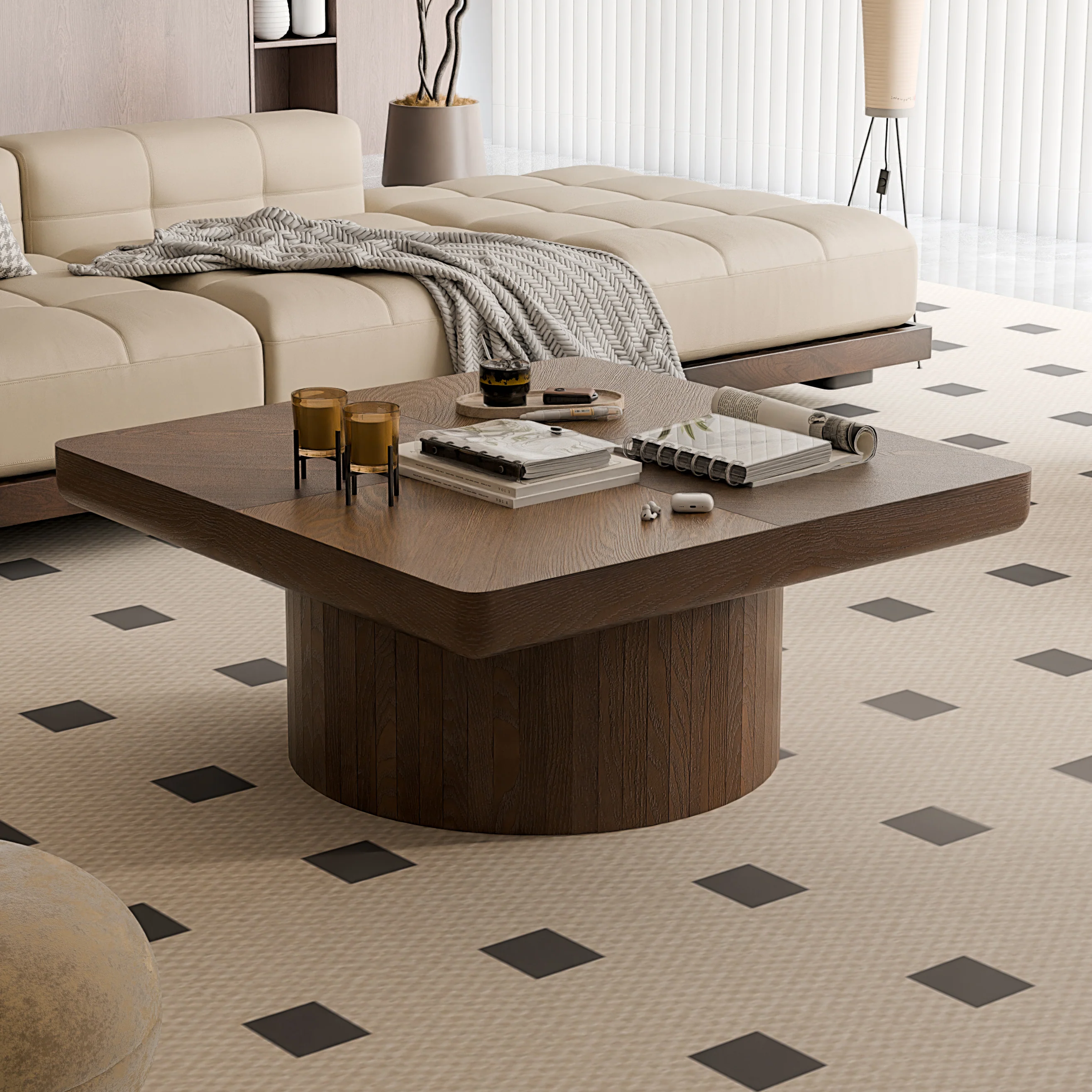 Modern Veneer 34.6'' Square Fluted Cylindrical Base Coffee Table - Image 2