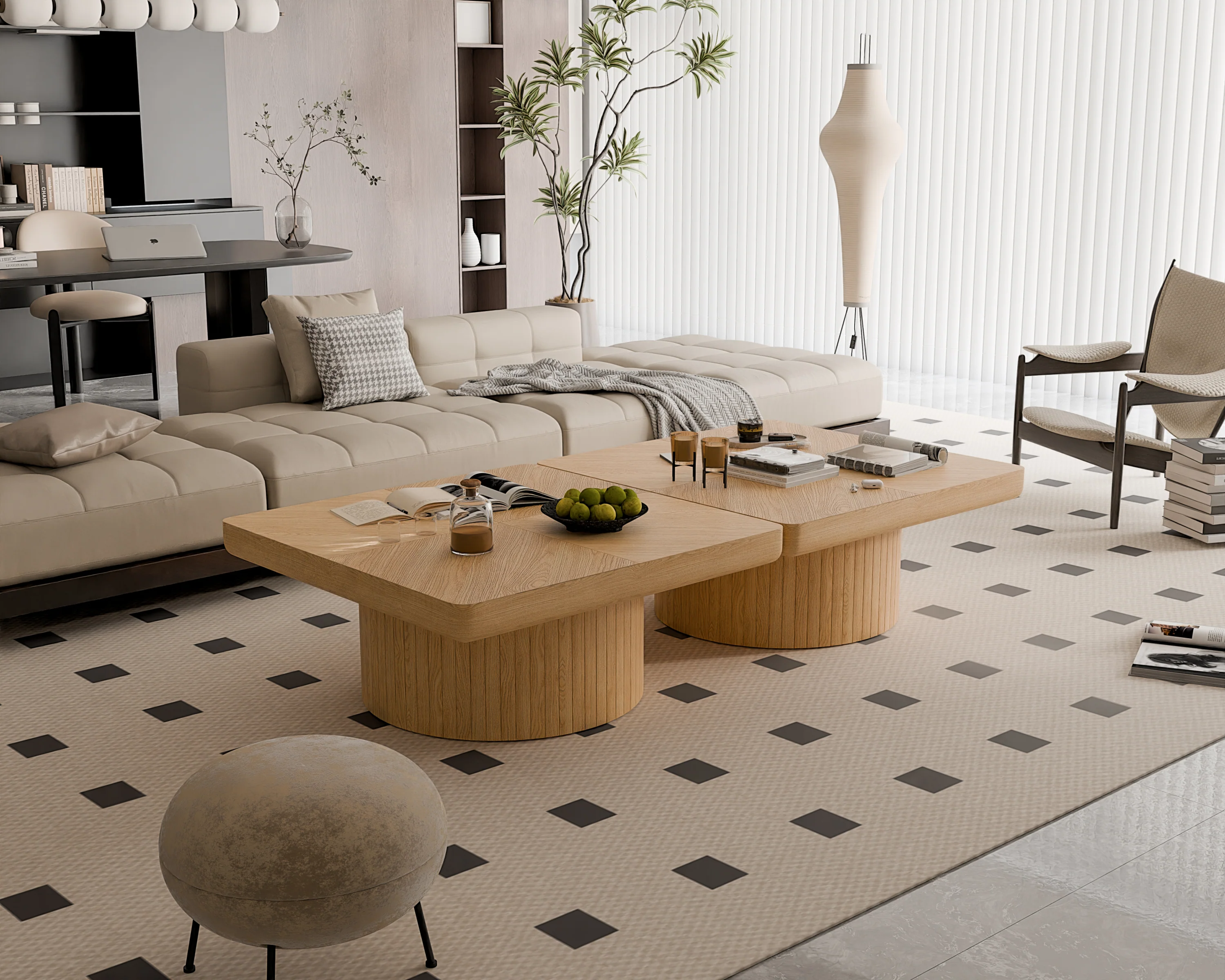 Modern Veneer 34.6'' Square Fluted Cylindrical Base Coffee Table - Image 23