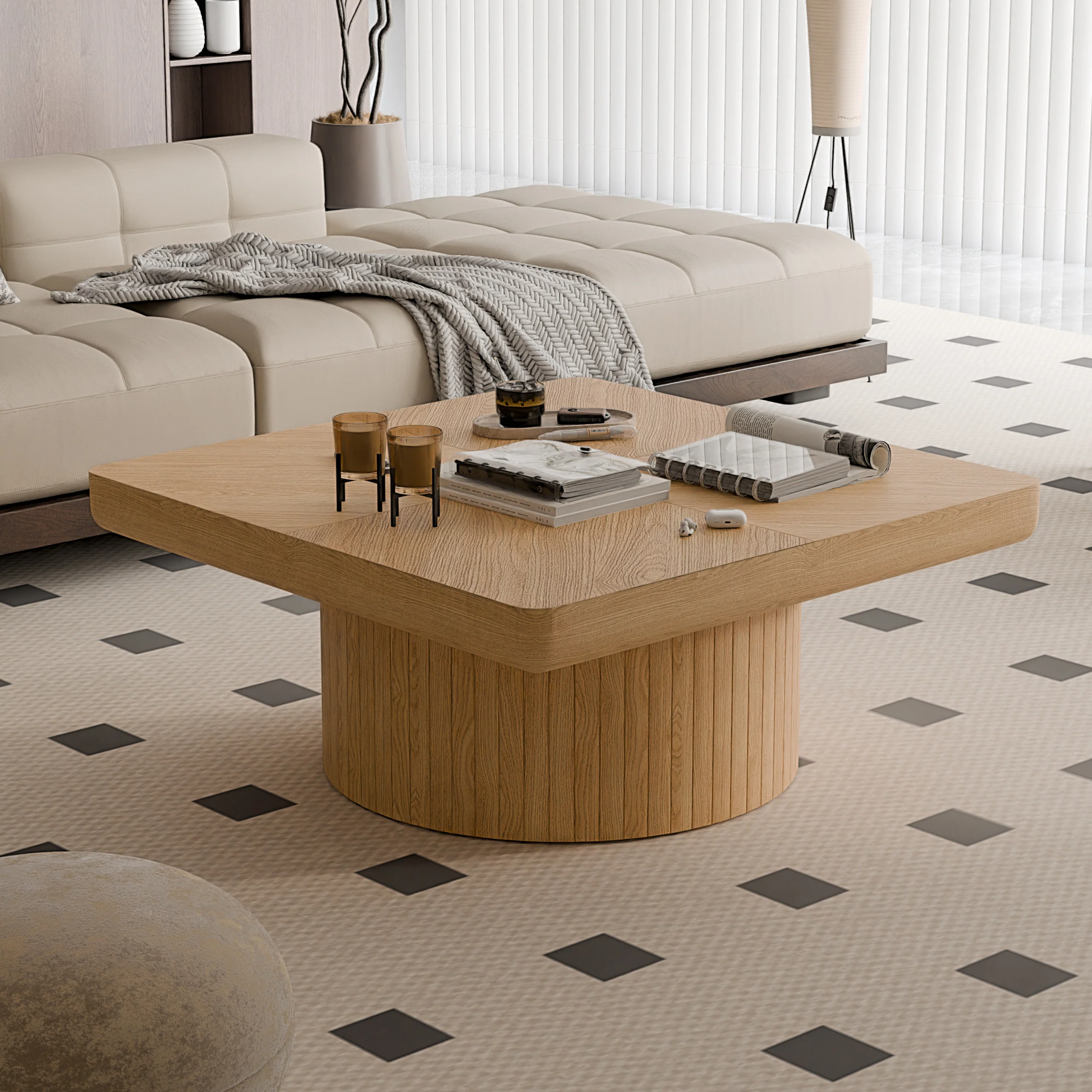 Modern Veneer 34.6'' Square Fluted Cylindrical Base Coffee Table - Image 3