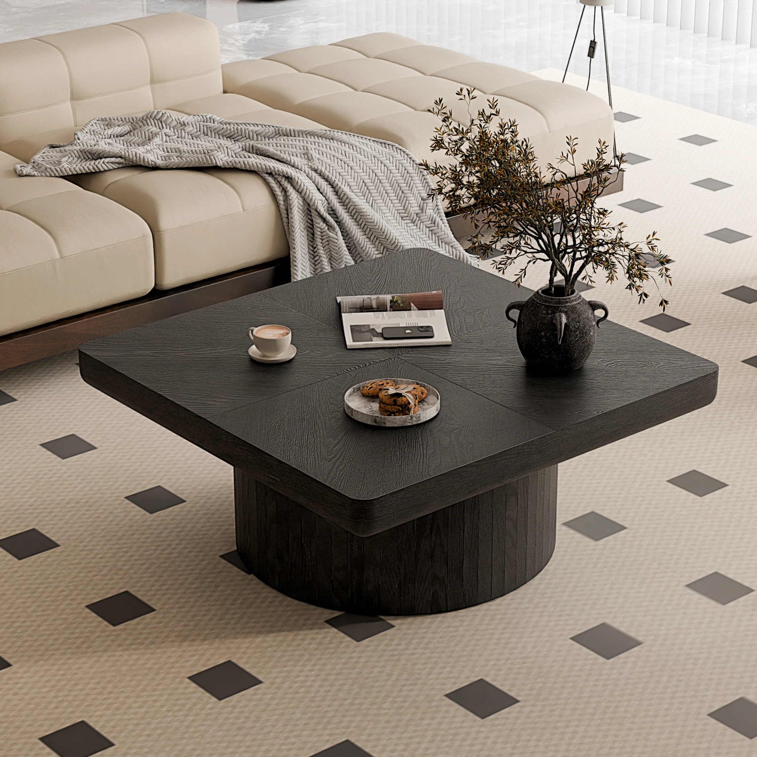 Modern Veneer 34.6'' Square Fluted Cylindrical Base Coffee Table - Image 5
