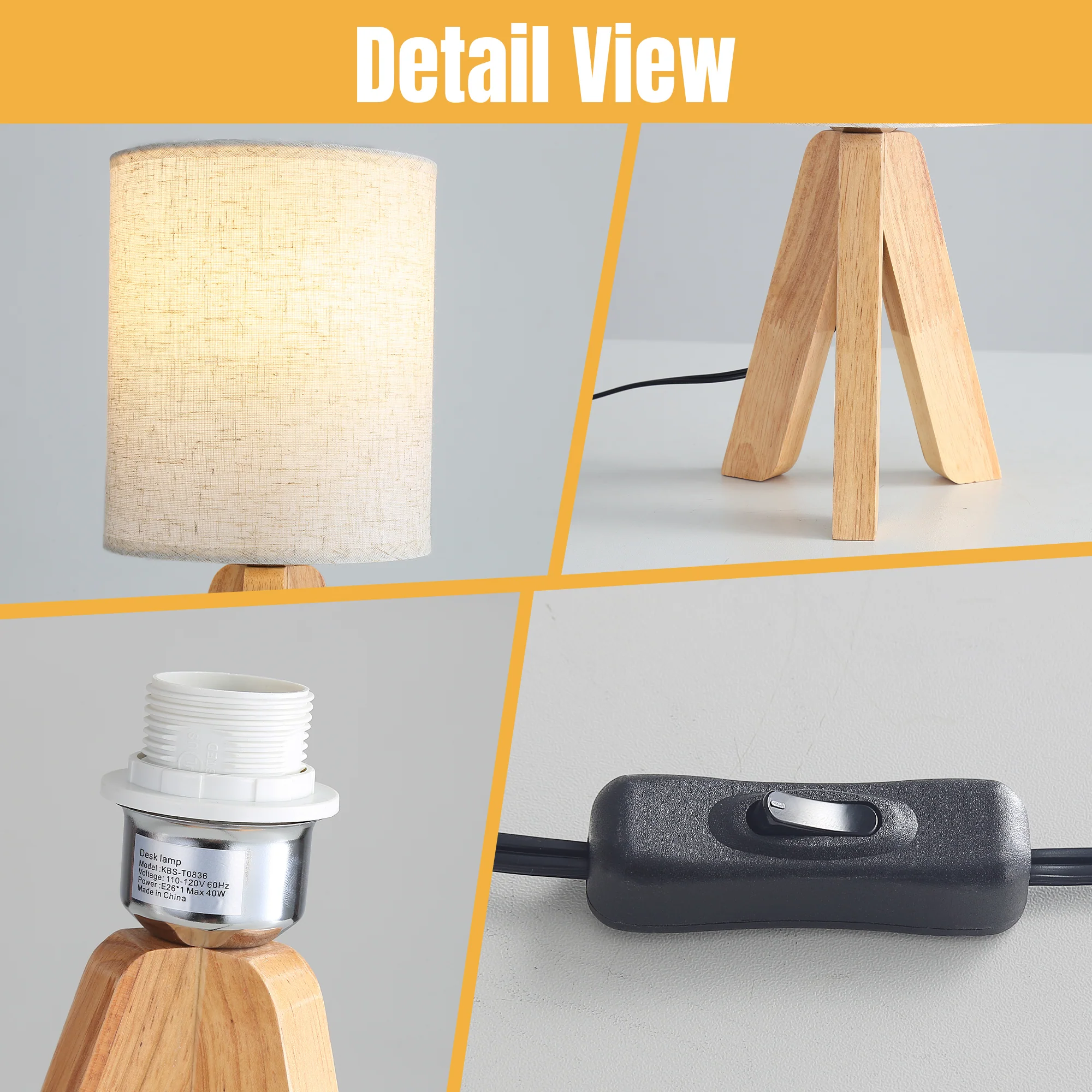 Modern Wooden Base Nightstand Table Lamp Set of 2 - Image 3