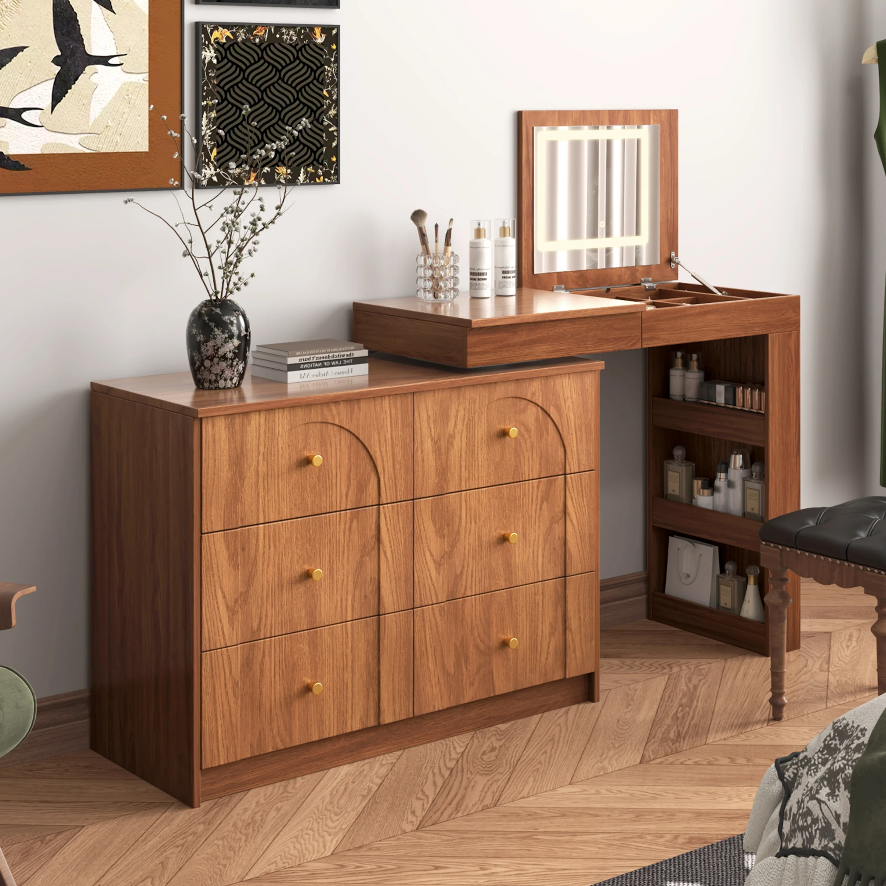 Walker Edison | Multi-Functional Vanity Desk/Dresser Set with Flip-Top Mirror and Lights